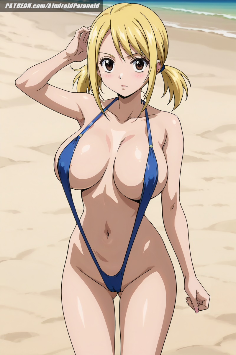 1girls, ai generated, aindroidparanoid, ass, beach, big breasts, blonde hair, blonde-haired female, breasts, brown eyes, busty, cameltoe, curvy, fairy tail, female, female only, hips, huge breasts, large breasts, lucy heartfilia, nipples, outdoors, pussy, sand, slingshot swimsuit, stable diffusion, swimsuit, thick thighs, twintails, vaginal penetration, voluptuous, wide hips