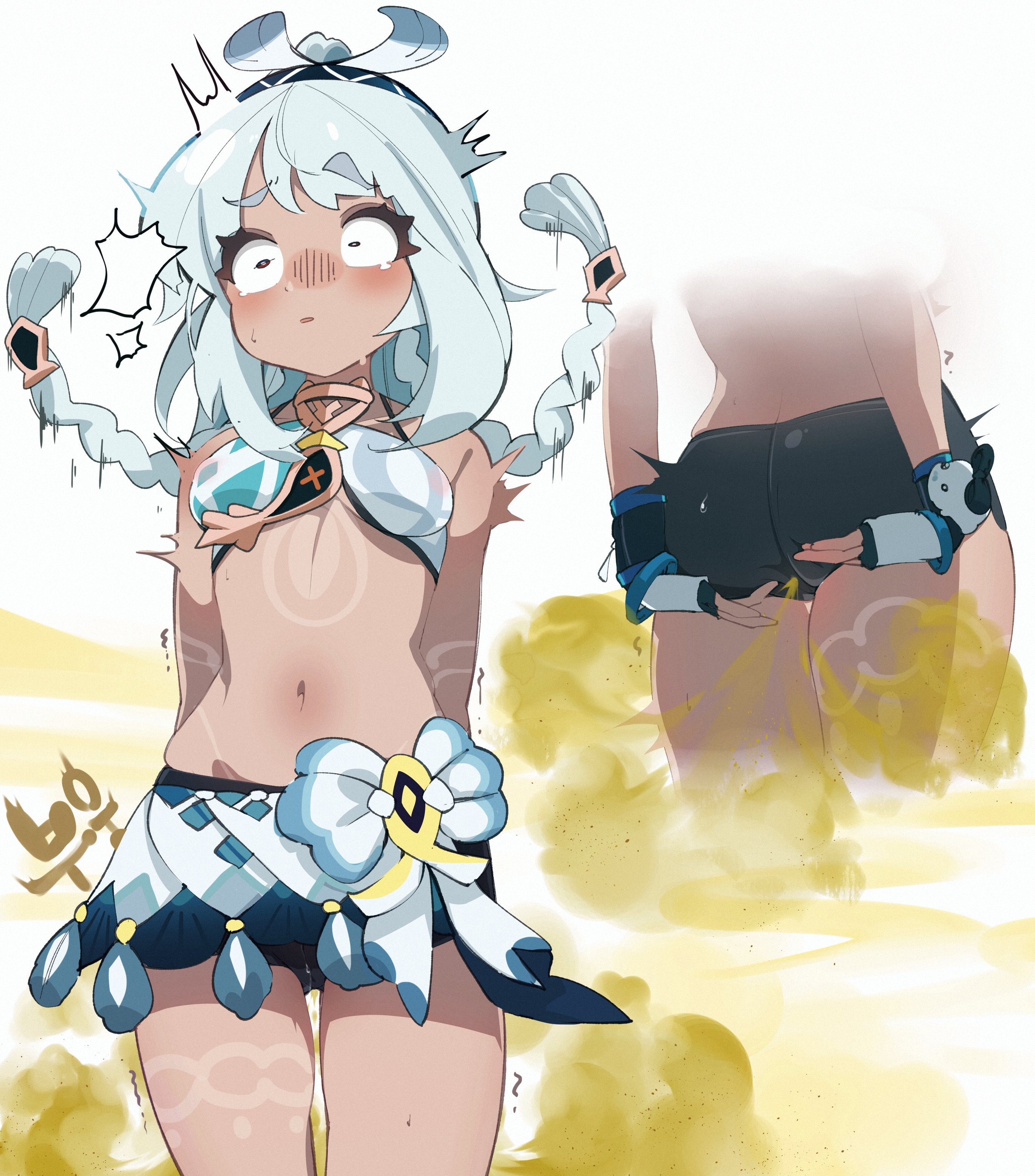 accessory, blush, body markings, booty shorts, dark skin, dark-skinned female, embarrassed, fart, fart fetish, female, genshin impact, grabbing ass, grabbing own ass, mualani (genshin impact), shorts