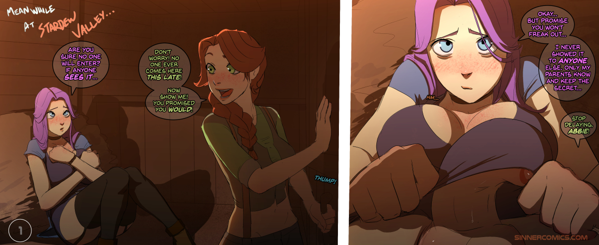 1futa, 1girls, abigail (stardew valley), arms crossed, balls, ballsack, bed, big penis, blue eyes, braids, breasts, cleavage, comic, dialogue, dickgirl, dress, female, foreskin, freckles, futa on futa, futa only, futa pov, futanari, garter belt, green eyes, half-erect, huge cock, human, inside, intersex, large penis, leah (stardew valley), leggings, navel, orange hair, partially retracted foreskin, penis, pov, purple hair, retracted foreskin, scrotum, sillygirl, sinner, smooth penis, speech bubble, stardew valley, straps, tagme, testicles, text, uncircumcised, uncut