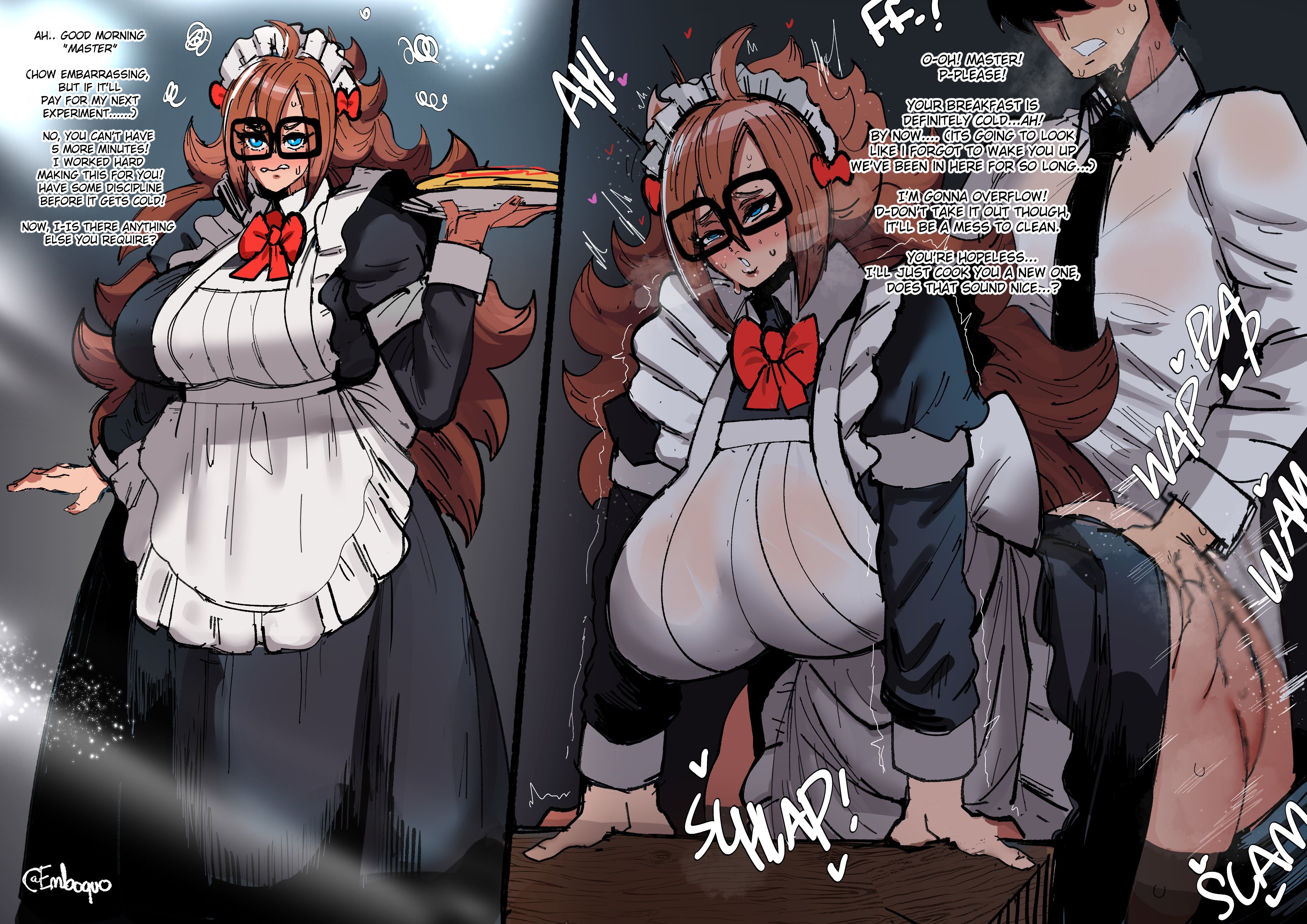 1boy, 1girls, android 21, android 21 (human), ass, big ass, big breasts, blue eyes, breasts, brown hair, dragon ball, dragon ball fighterz, dragon ball super, dragon ball z, embo, female, glasses, hand on ass, huge breasts, large breasts, long hair, maid, maid headdress, maid uniform, male, sex, straight