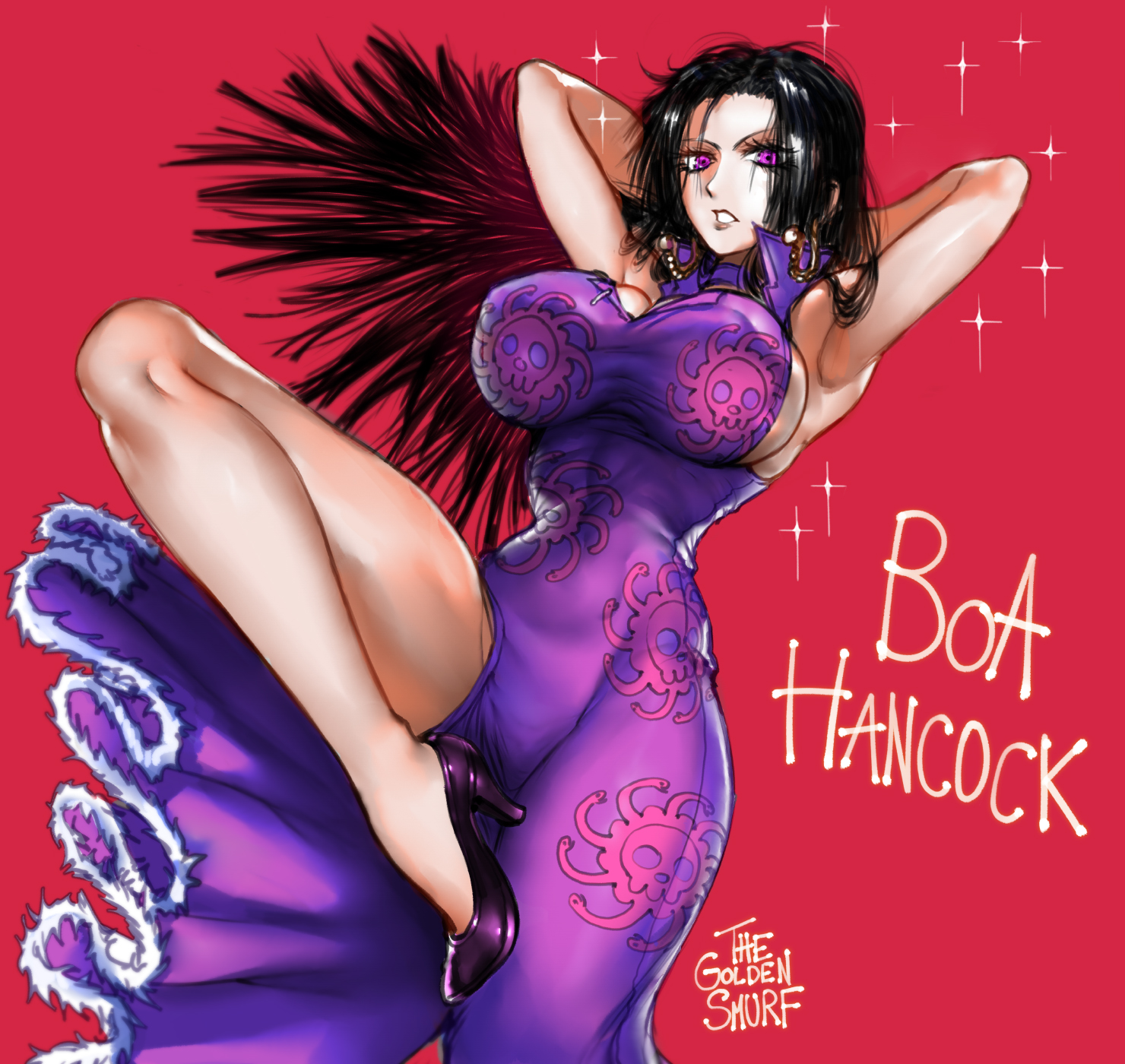 1girls, 2024, 2d, 2d (artwork), armpits, bare arms, bare legs, bare shoulders, bare thighs, big breasts, black hair, black-haired female, boa hancock, breasts, character name, cleavage, clothed, clothing, color, female, female focus, female only, heels, hi res, high heels, human, human only, large breasts, light skin, light-skinned female, long hair, looking at viewer, magenta background, one piece, purple eyes, questionable, sfw, shounen jump, sideboob, solo, solo female, standing on one leg, straight hair, tagme, thegoldensmurf, thick thighs, thigh, thighs