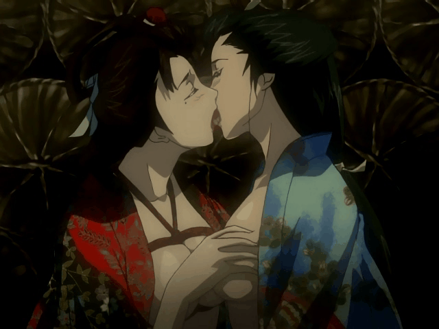 00s, 2000s, 2007, 2008, 2d, 2girls, animated, beauty mark, black hair, blush, bouncing breasts, breast grab, breasts, brown hair, closed eyes, female, gif, japanese clothes, kimono, kissing, licking, lipstick, media bank (company), medium breasts, multiple females, multiple girls, nipples, ooedo forrt eight, ooedo shijyuuhatte, open clothes, pink lipstick, red lipstick, saliva, shiny, shiny skin, tongue, tongue out, yuri