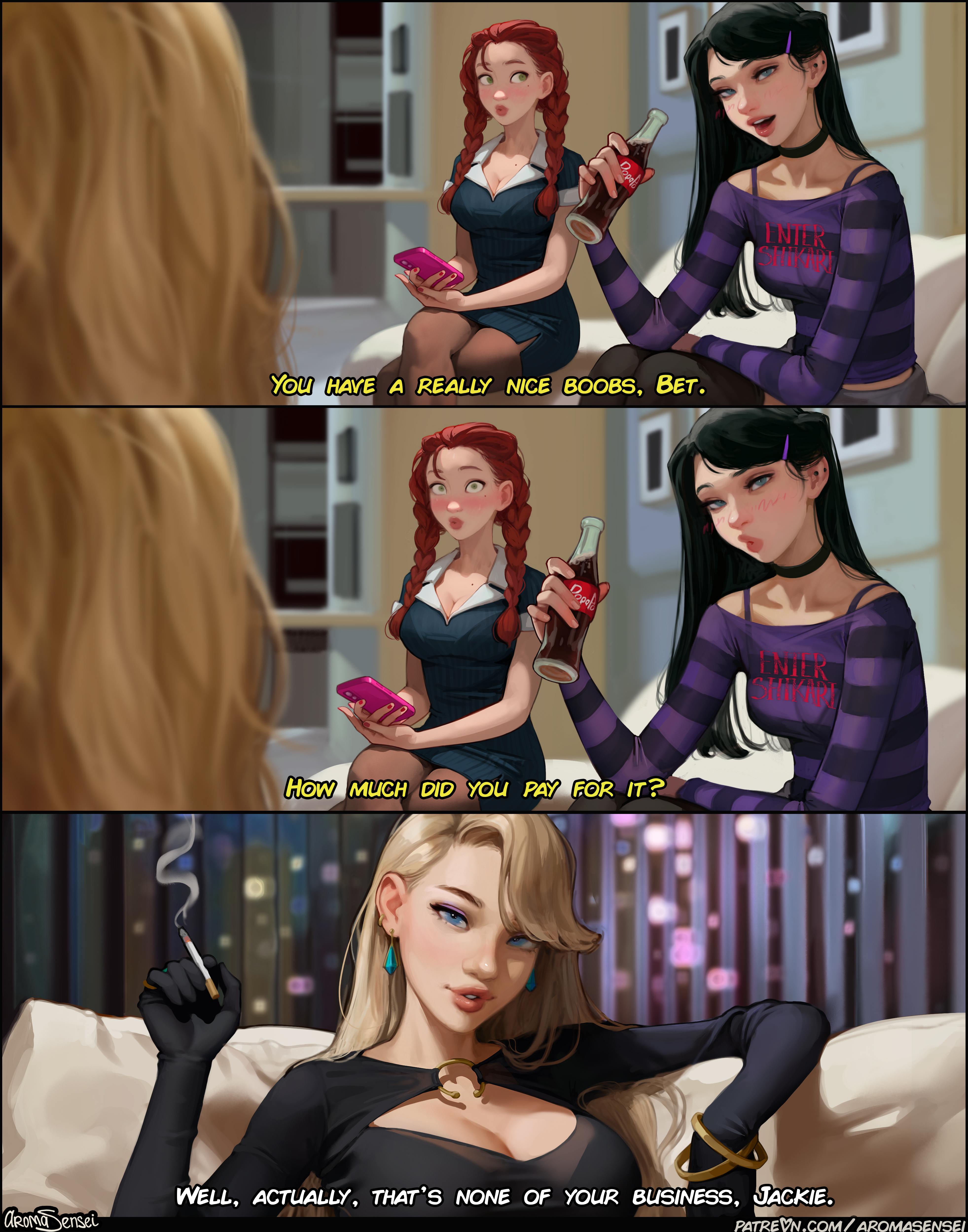 3girls, aroma sensei, cigarette, female, female only, jackie (aroma sensei), lisbeth kowalski, mary (aroma sensei), meme, movie reference, off shoulder, off-shoulder sweater, soda bottle, stonx sisters, tagme, yuri