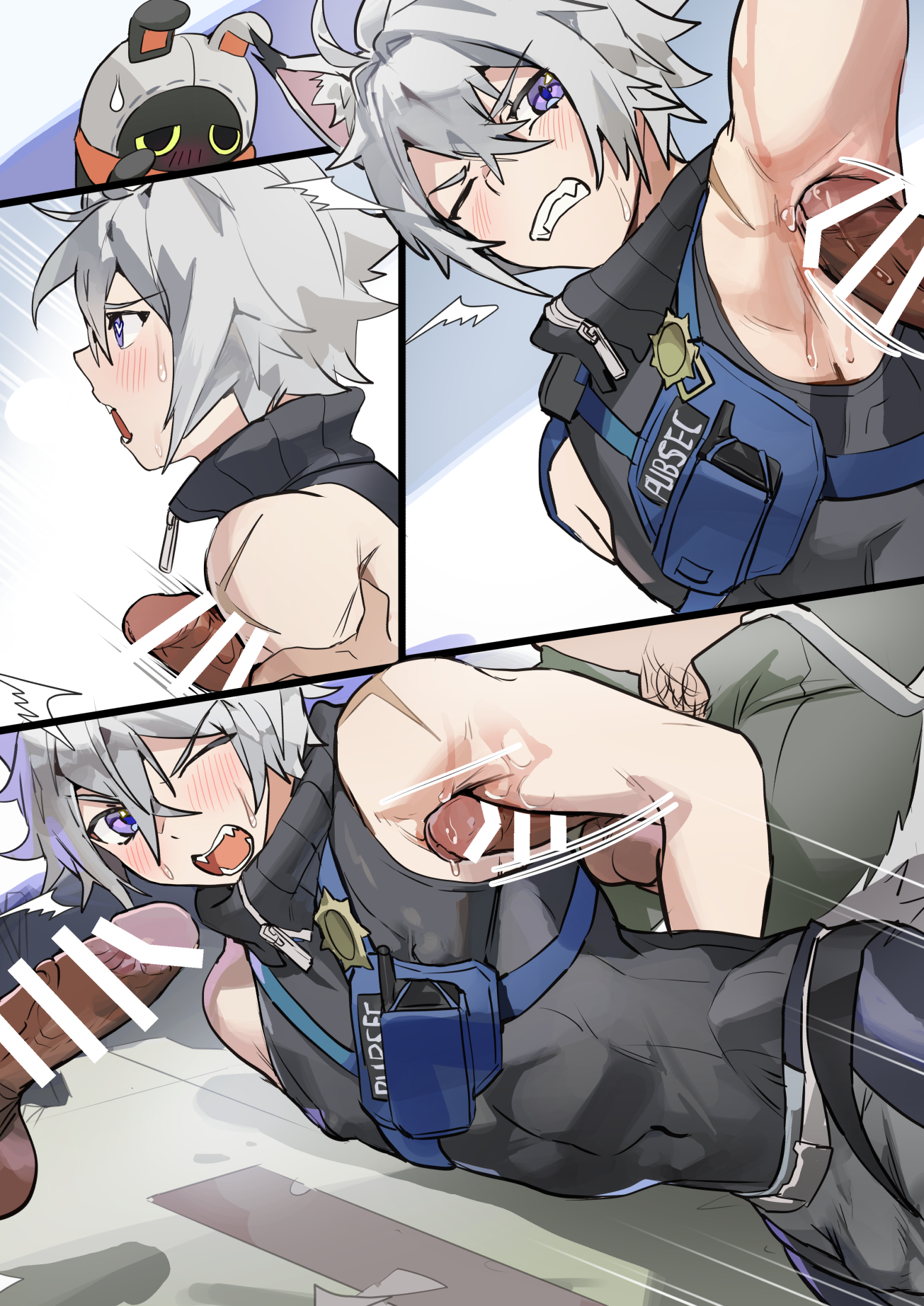 2d, 2d (artwork), animal ears, animal tail, armpit fetish, armpit play, armpits, arms behind back, balls, blush, blush lines, cat boy, cat ears, cat tail, catboy, clothed, clothing, cock, crop top, dick, dubious consent, erect penis, erection, gay, grey hair, hollow thug, itsme takk, looking at viewer, male, male focus, male only, male rape victim, one eye closed, open mouth, partially clothed, penis, penis out, pubes, pubic hair, purple eyes, restrained, seth lowell, skinny male, sleeveless, sleeveless shirt, solo, solo male, spread legs, squatting, sweat, sweatdrop, tail, thugs (zenless zone zero), tight clothing, veiny penis, yaoi, zenless zone zero