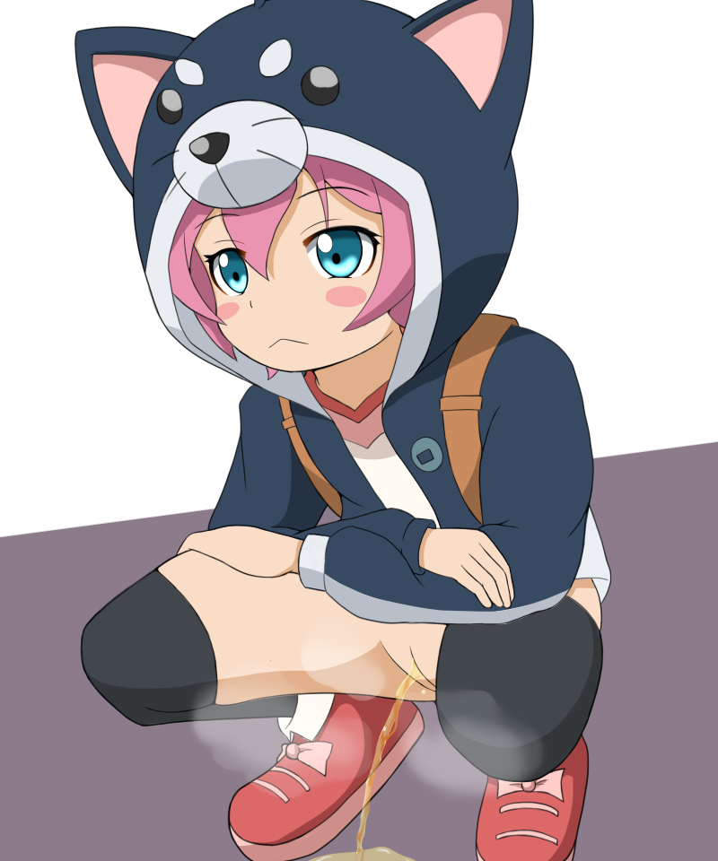 battle_spirits battle_spirits:_burning_soul black_legwear blush blush_stickers closed_mouth cupala_(8492ace) eyebrows eyebrows_visible_through_hair female hoodie jacket kuroda_kanna no_panties peeing pink_hair pussy shadow shoes solo squatting uncensored