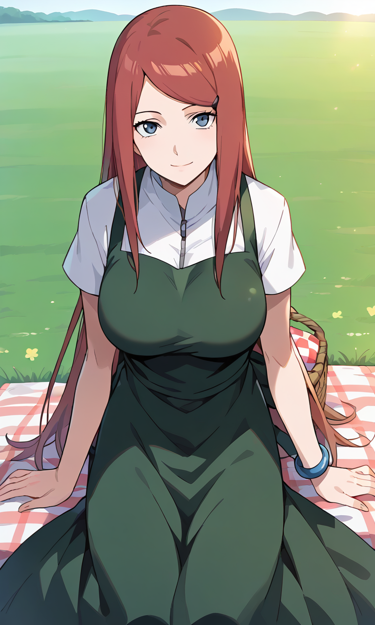 ai_generated kushina_uzumaki looking_at_viewer naruto naruto_(series) picnic picnic_basket picnic_blanket smile uzumaki_kushina