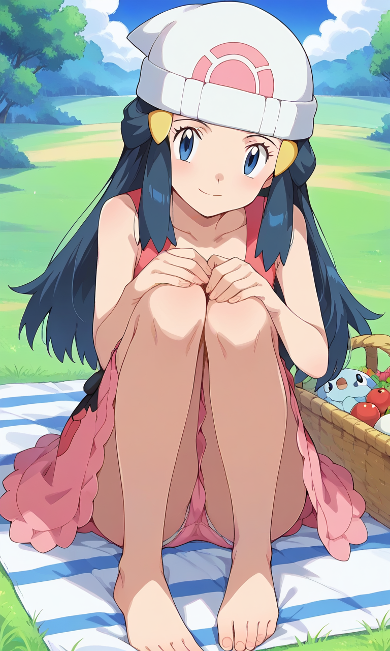 ai_generated blue_eyes blue_hair dawn_(pokemon) game_freak looking_at_viewer nintendo outdoors picnic picnic_basket picnic_blanket pokemon pokemon_dppt smile solo