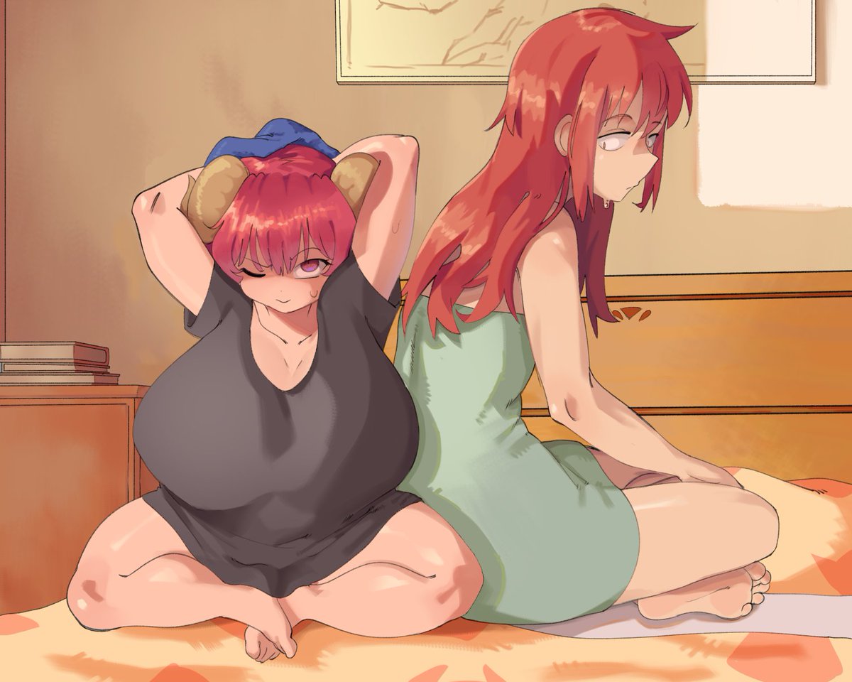 2girls after_sex bed cherr_yred huge_breasts ilulu ilulu_(dragon_maid) ilulu_(maidragon) kobayashi large_breasts looking_at_viewer luci-a miss_kobayashi's_dragon_maid pink_hair scenery short_stack shortstack small_but_busty waking_up