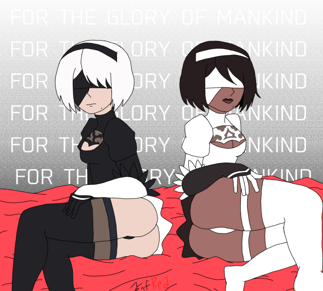 2girls alternate_color_scheme android android_girl ass ass_focus bed black_hair blindfold breasts chocolate_and_vanilla clothed dark-skinned_female female female_only light-skinned_female nier nier:_automata nier_(series) short_hair text thick_thighs thighhighs white_hair yorha_2b yorha_2p