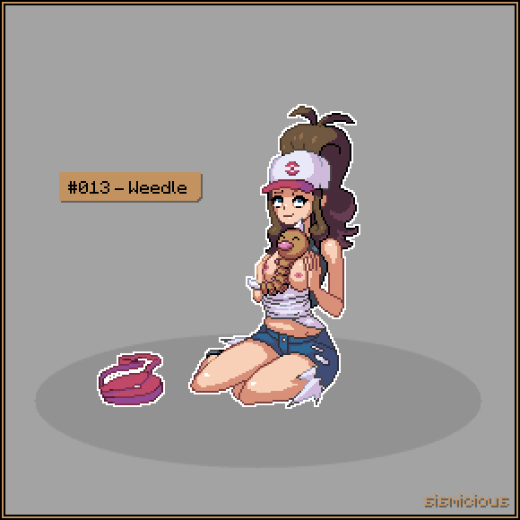 1girls ambiguous_gender areolae bag blue_eyes border breasts brown_hair denim_shorts female hat hilda_(pokemon) horns human insect larger_female long_hair looking_at_viewer nintendo nipples pixel_art pokemon pokemon_bw pokemon_rgby pokephilia ponytail shirt shorts simple_background sismicious sitting size_difference smile text tied_hair weedle zoophilia