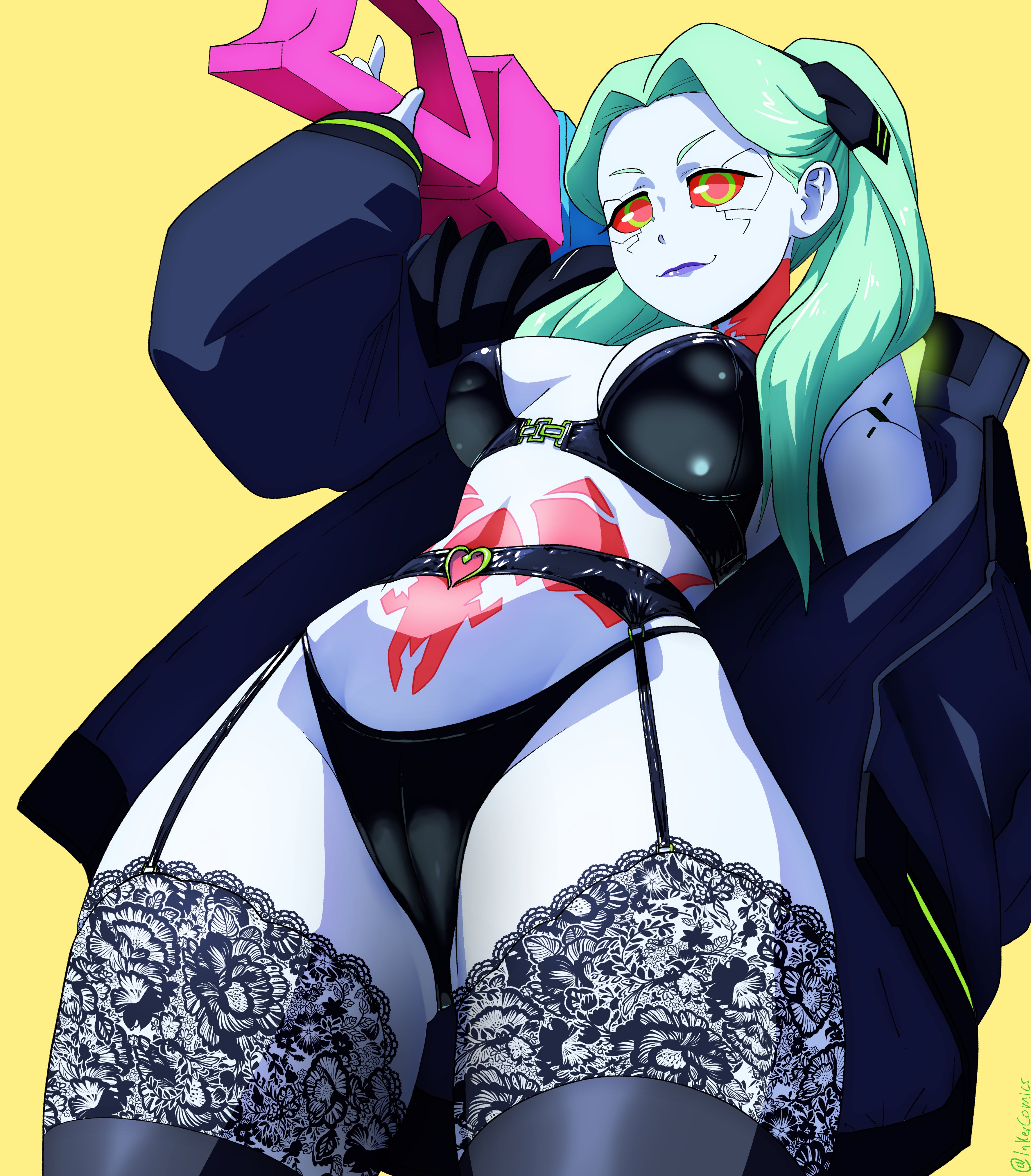 1girls, ass, black bra, black lingerie, black panties, bra, breasts, cameltoe, coolerinker, cyberpunk 2077, cyberpunk: edgerunners, female, female focus, female only, garter belt, garter straps, green eyes, gun, hair ornament, happy, holding gun, holding object, human, humanoid, inker comics, inkershike, jacket, large ass, light skin, light-skinned female, lingerie, looking at viewer, low angle, medium breasts, neck tattoo, open jacket, outerwear, pale skin, panties, pose, pussy, rebecca (edgerunners), red sclera, smile, solo, solo female, stockings, stomach tattoo, tattoo, teal hair, thick thighs, thighs, underwear