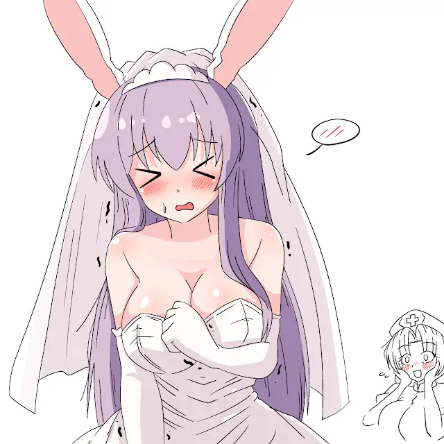 2girls blush braless breasts bunny_ears bunny_girl bunnygirl cleavage clothed_female ehehe52921343 eirin_yagokoro embarrassed eyes_closed female female_only highres large_breasts light-skinned_female no_bra purple_hair rabbit_girl reisen_udongein_inaba simple_background tagme touhou wedding_dress white_background