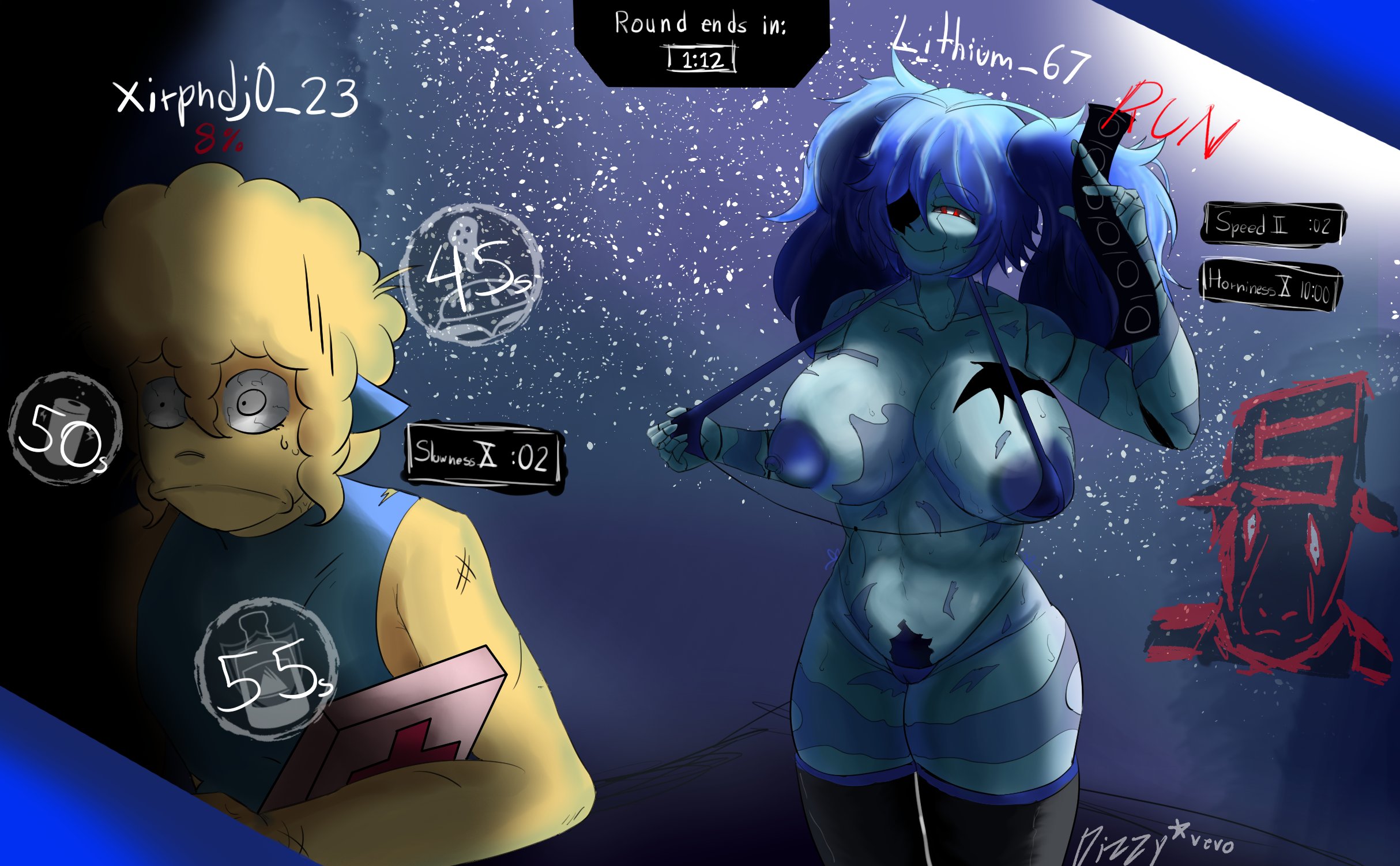 1boy, 1girl, 1girls, 1other, 1x1x1x1 (forsaken), 2026, areolae, artist name, artist signature, big breasts, bikini, black thighhighs, blonde hair, blue areola, blue bikini, blue hair, blue nipples, blue pubic hair, blue shirt, blue skin, bra, breasts, clothing, colored skin, condom packet strip, condom wrapper, cracked skin, damaged, damaged clothes, dark areolae, dark nipples, diva (project diva: deep blue), dizzyvevo, english text, eyebrows, eyebrows visible through hair, eyepatch, female, female pubic hair, forsaken (roblox), game ui, gameplay mechanics, half-closed eyes, hatsune miku, holding bra, holding condom, holding condom packet strip, holding object, horny, horny female, huge breasts, imminent sex, long hair, looking at another, medkit, messy hair, navel, nervous, nervous face, nervous sweat, night, nipples, noob (forsaken), one breast out, outdoors, pasties, porcelain, project diva: deep blue, pubic hair, red eyes, roblox, roblox game, robloxian, skimpy clothes, sleeveless, sleeveless shirt, slingshot swimsuit, smile, standing, star, starry sky, stars, status effect, surprised, surprised expression, sweat, sweatdrop, swimsuit, text, the spectre (forsaken), thick thighs, thighhighs, thighs, thong, timer display, twintails, vocaloid, white body, yellow hair, yellow skin