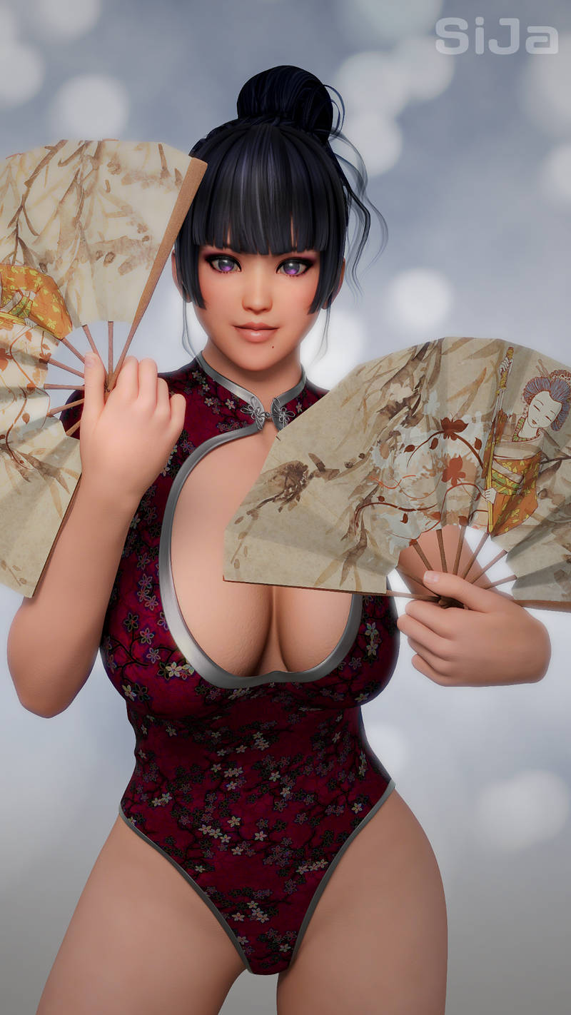 3d cleavage_cutout dead_or_alive hand_fan nyotengu one-piece sija_art