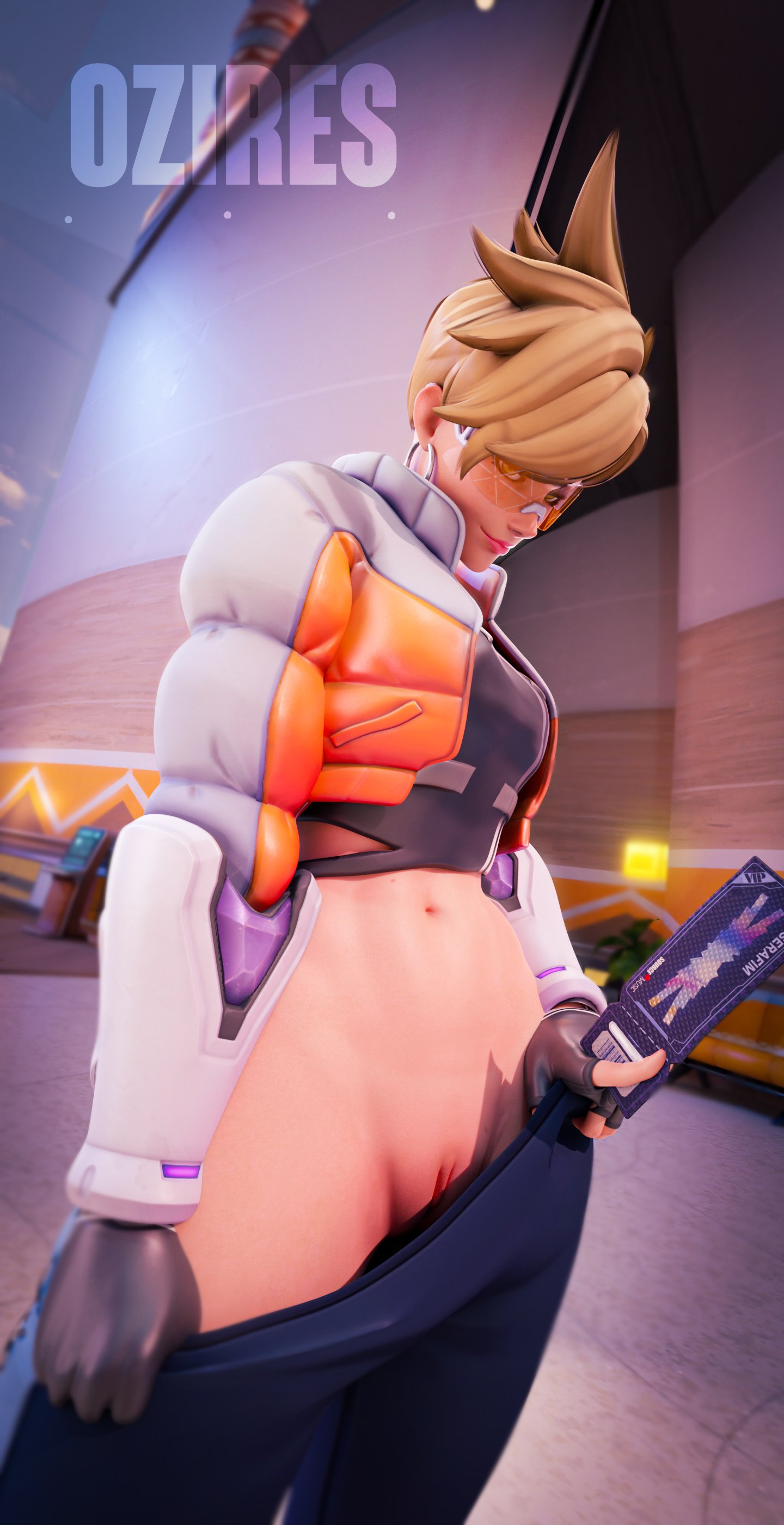 2023 3d antifragile_traysi blender blizzard_entertainment blonde_hair british british_female clothed clothing earrings eyewear female female_focus female_only hi_res highres le_sserafim lena_oxton light-skinned_female light_skin orange-tinted_eyewear outfit overwatch overwatch_2 oziresnsfw pants pants_down pants_pull presenting presenting_pussy pussy pussy_lips pussy_peek shaved_crotch shaved_pussy showing_off showing_pussy solo solo_focus standing sunglasses tinted_eyewear tracer vagina visor watermark