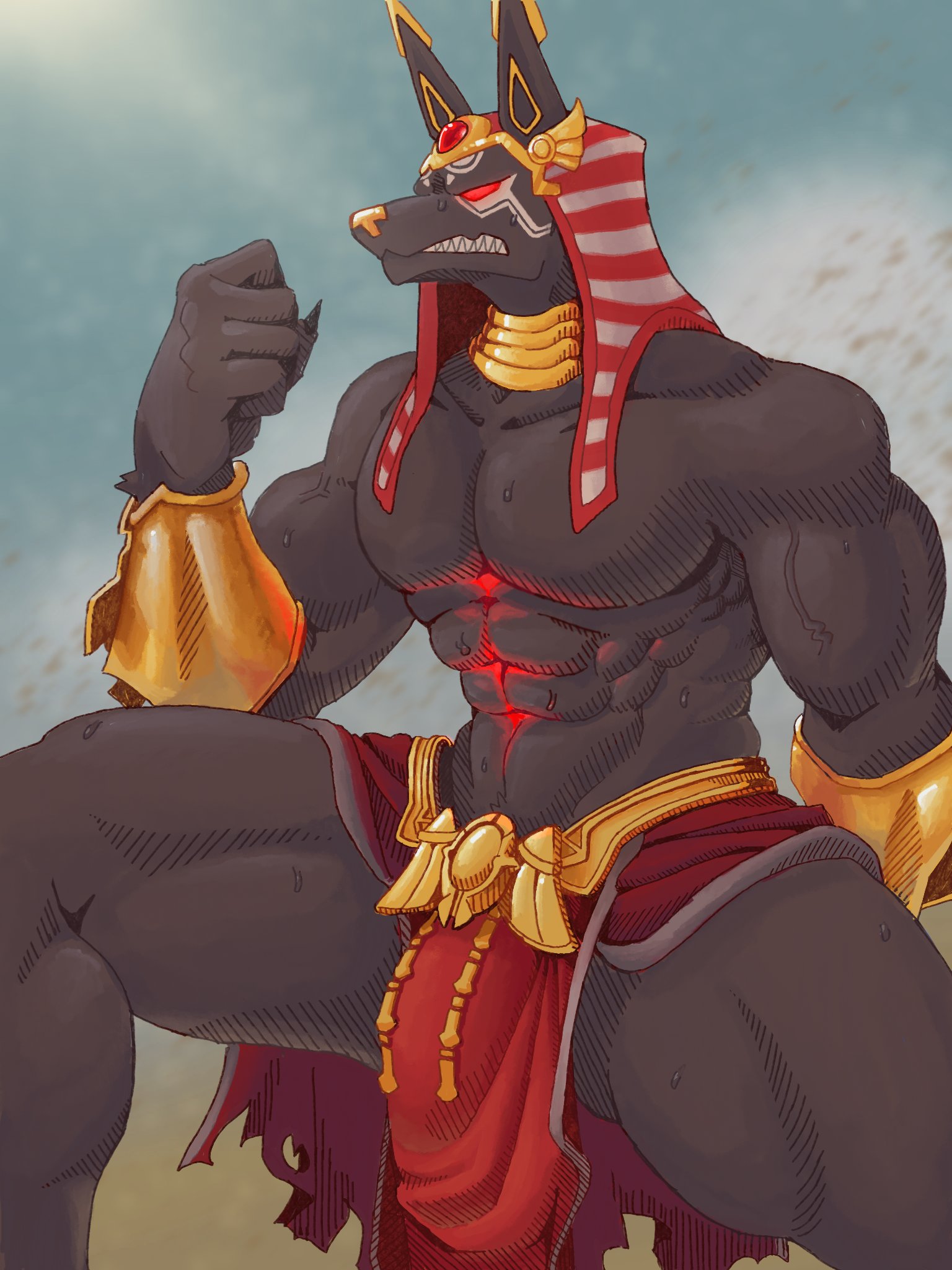 anubis, anubis reaper, balls, bara, big penis, black balls, egyptian mythology, gay, hi res, large penis, loincloth, male, male only, muscular, muscular male, mythology, overwatch, overwatch 2, pecs, penis, reaper, red eyes, simple background, solo male, yaoi