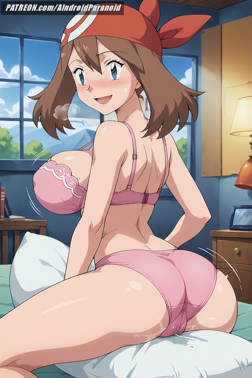 ahe_gao ahegao_face ai_generated aindroidparanoid ass ass_focus bed bedroom blue_eyes bra breasts brown_hair cameltoe fingering fingering_pussy haruka_(pokemon) hips huge_ass huge_breasts humping_pillow indoors large_breasts lingerie masturbation masturbation_through_clothing may_(pokemon) narrow_waist nipples panties pillow pink_lingerie pokemon pokemon_(anime) pokemon_(classic_anime) pokemon_trainer riding short_hair slim_waist stable_diffusion tight_clothing wet_panties wet_pussy