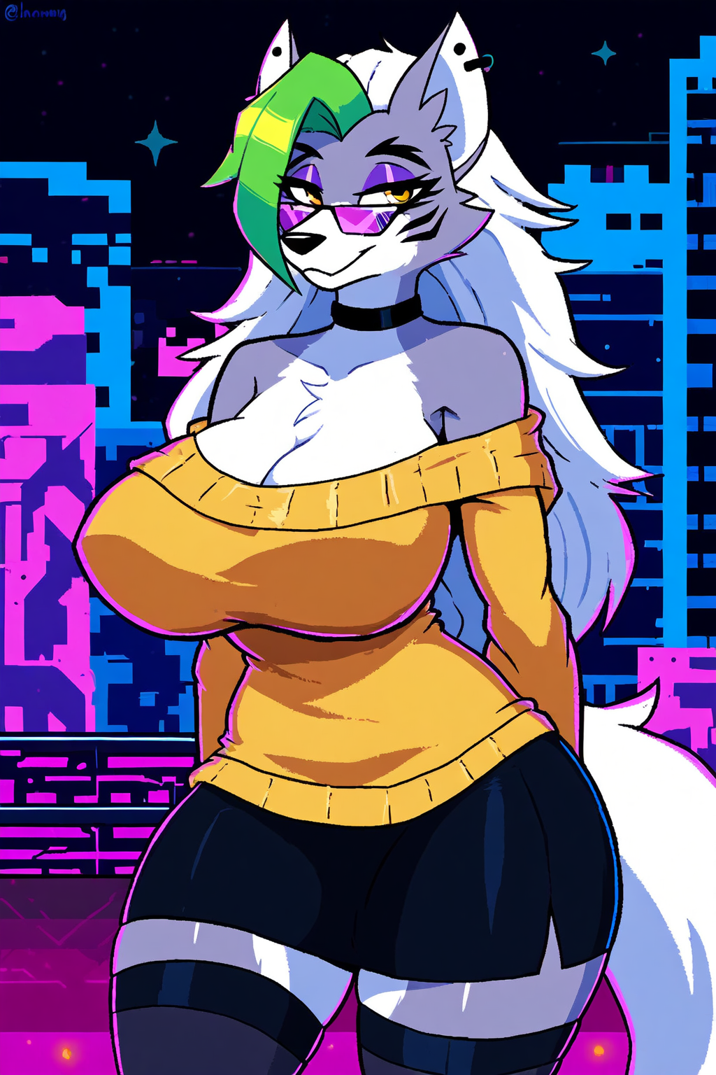 ai_generated alternate_breast_size alternate_costume anthro breasts_bigger_than_head choker cleavage collar exposed_shoulders eyeshadow female_focus female_only five_nights_at_freddy's furry furry_female furry_focus furry_only giant_breasts glasses large_breasts long_hair majorfluffy makeup mature_female narrow_waist neon neon_background novelai roxanne_wolf_(fnaf) smile sweater thick_thighs thigh_highs tight_clothing white_hair wide_hips