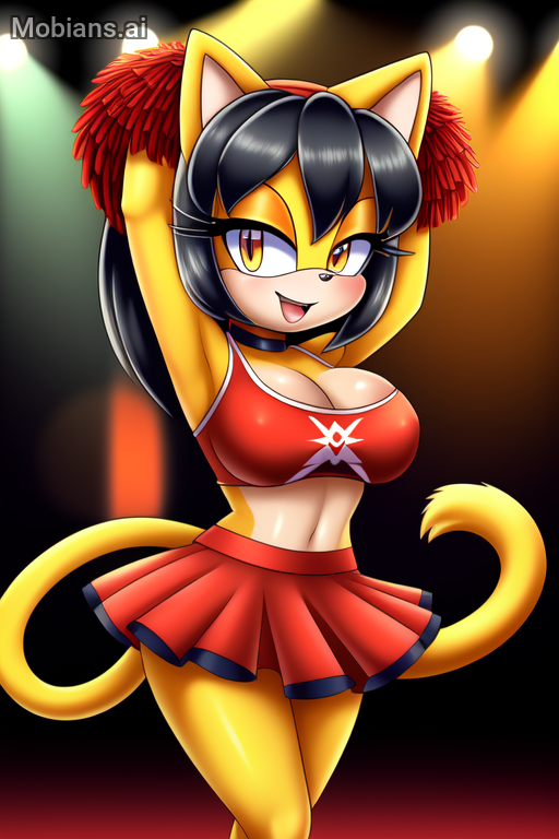 1girls ai_generated amber_eyes anthro black_choker black_hair breasts cat_girl catgirl cheerleader cheerleader_uniform choker feline furry honey_the_cat large_breasts looking_at_viewer mobian_(species) mobians.ai pom_poms red_skirt sonic_(series) sonic_the_fighters sonic_the_hedgehog_(series) spotlight tagme