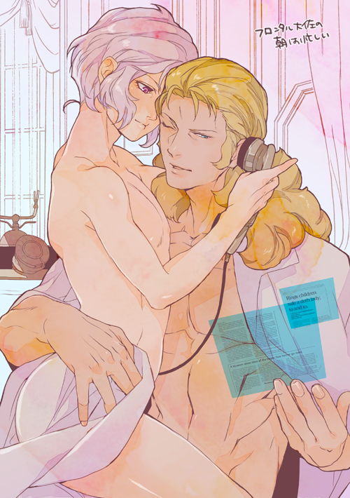 angelo_sauper blonde_hair full_frontal gay gundam long_hair muscles nude white_hair yaoi