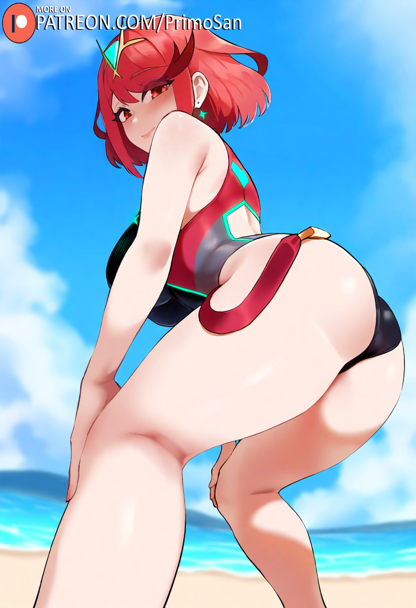 ai_generated ass beach from_behind from_side hands_on_own_knees large_ass large_breasts looking_back one-piece_swimsuit primosan pyra_(xenoblade) red_eyes red_hair short_hair squatting standing swimsuit xenoblade_(series)