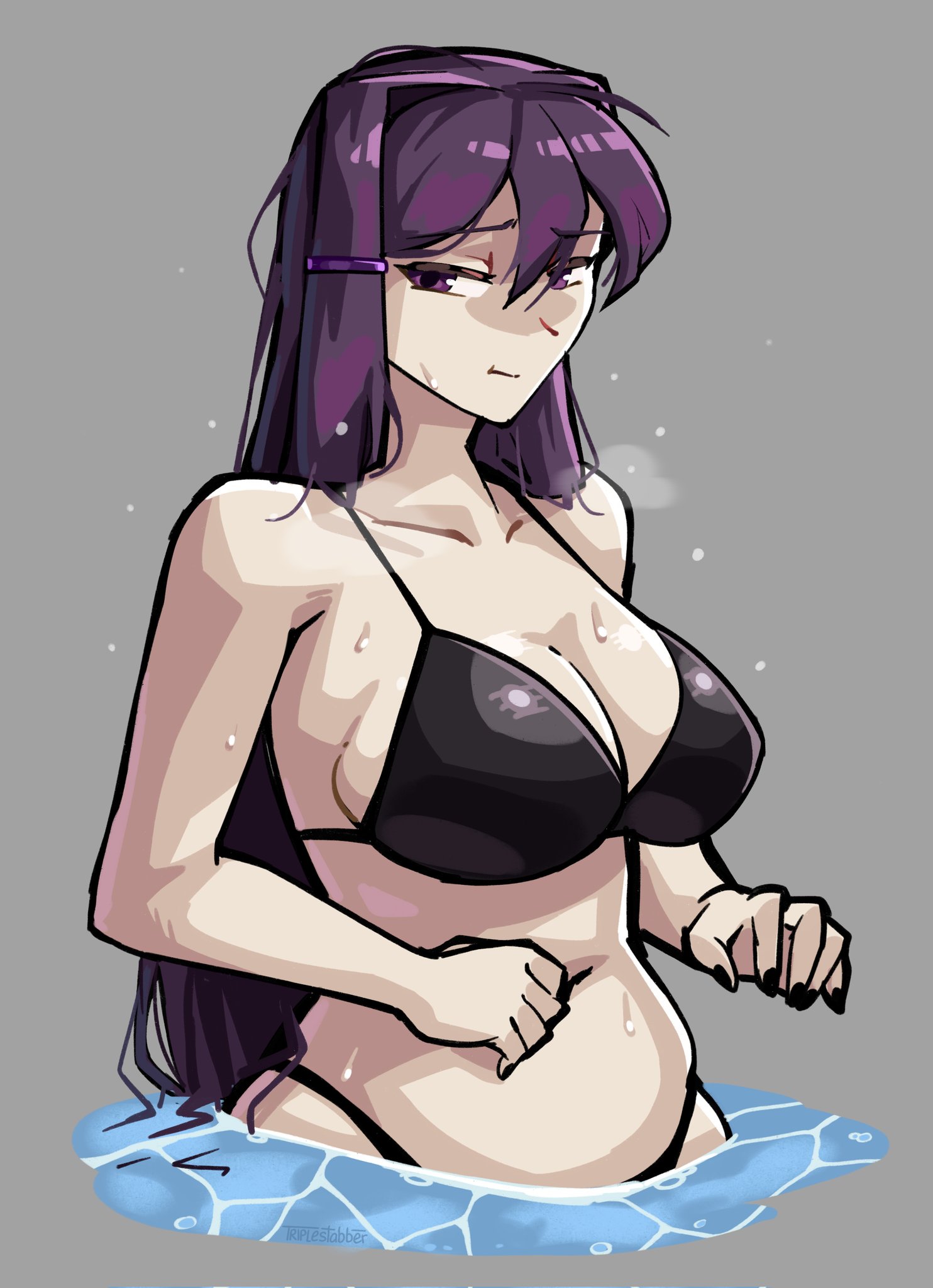 2024, black bikini, black bikini bottom, black bikini top, breasts, cleavage, doki doki literature club, female, female focus, female only, long hair, purple eyes, purple hair, solo, swimming, swimsuit, triplestabber, yuri (doki doki literature club)