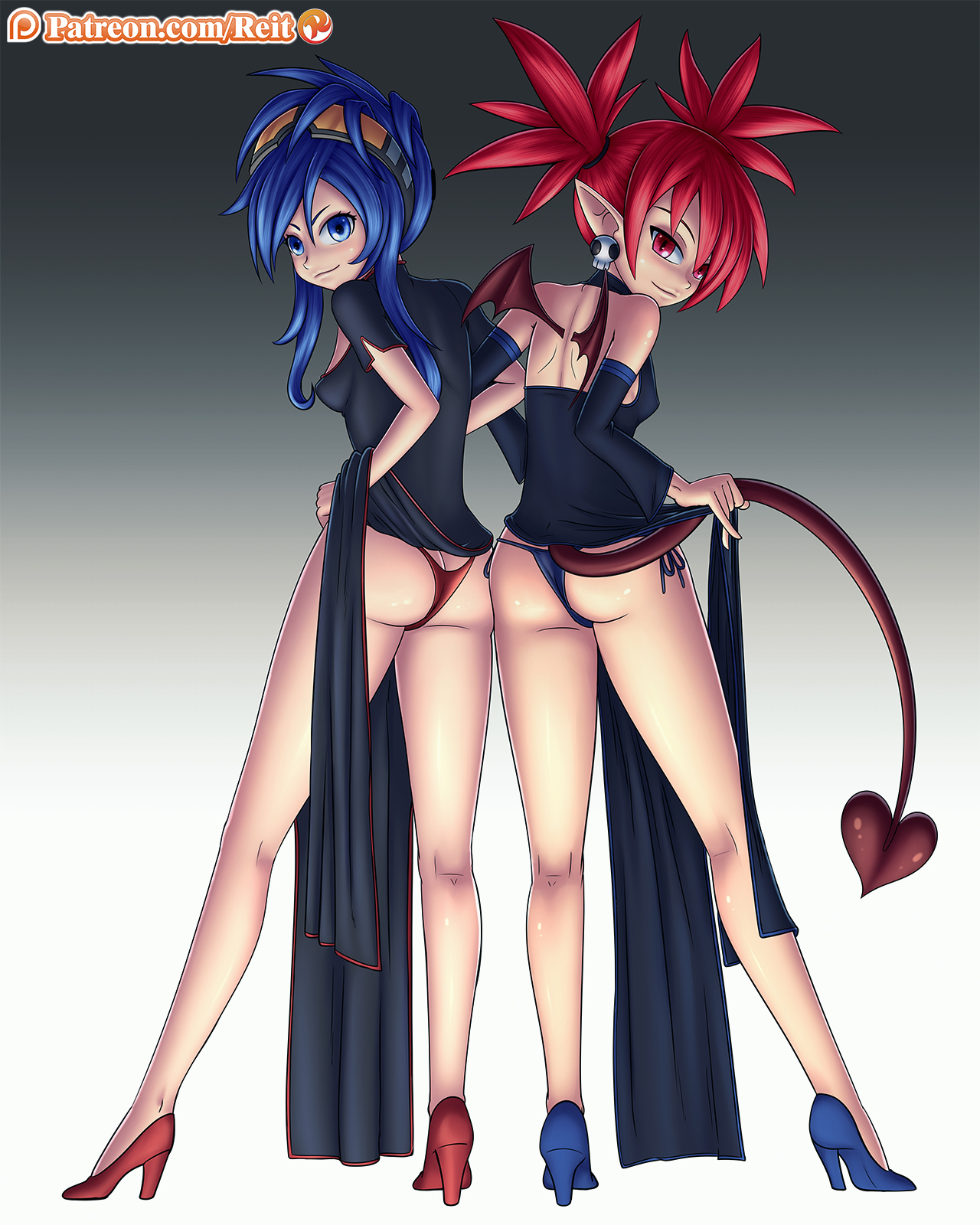 2girls, back view, blue hair, blue panties, crossover, disgaea, etna, female, looking back, neptunia (series), nisa, red panties, reit, skirt lift, thong