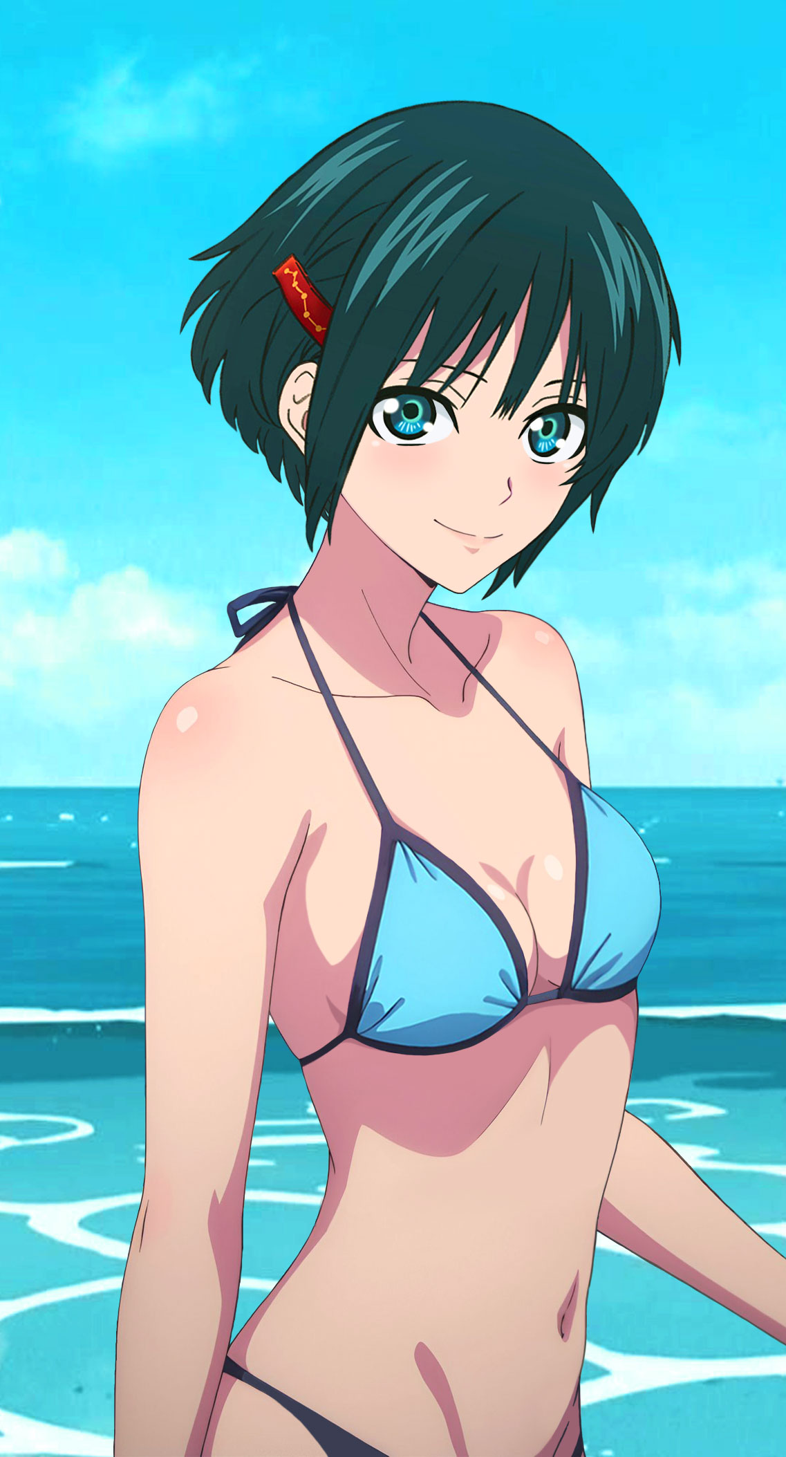 beach bikini bikini_top blue_eyes green_eyes looking_at_viewer mononogatari small_breasts smiling_at_viewer tagme