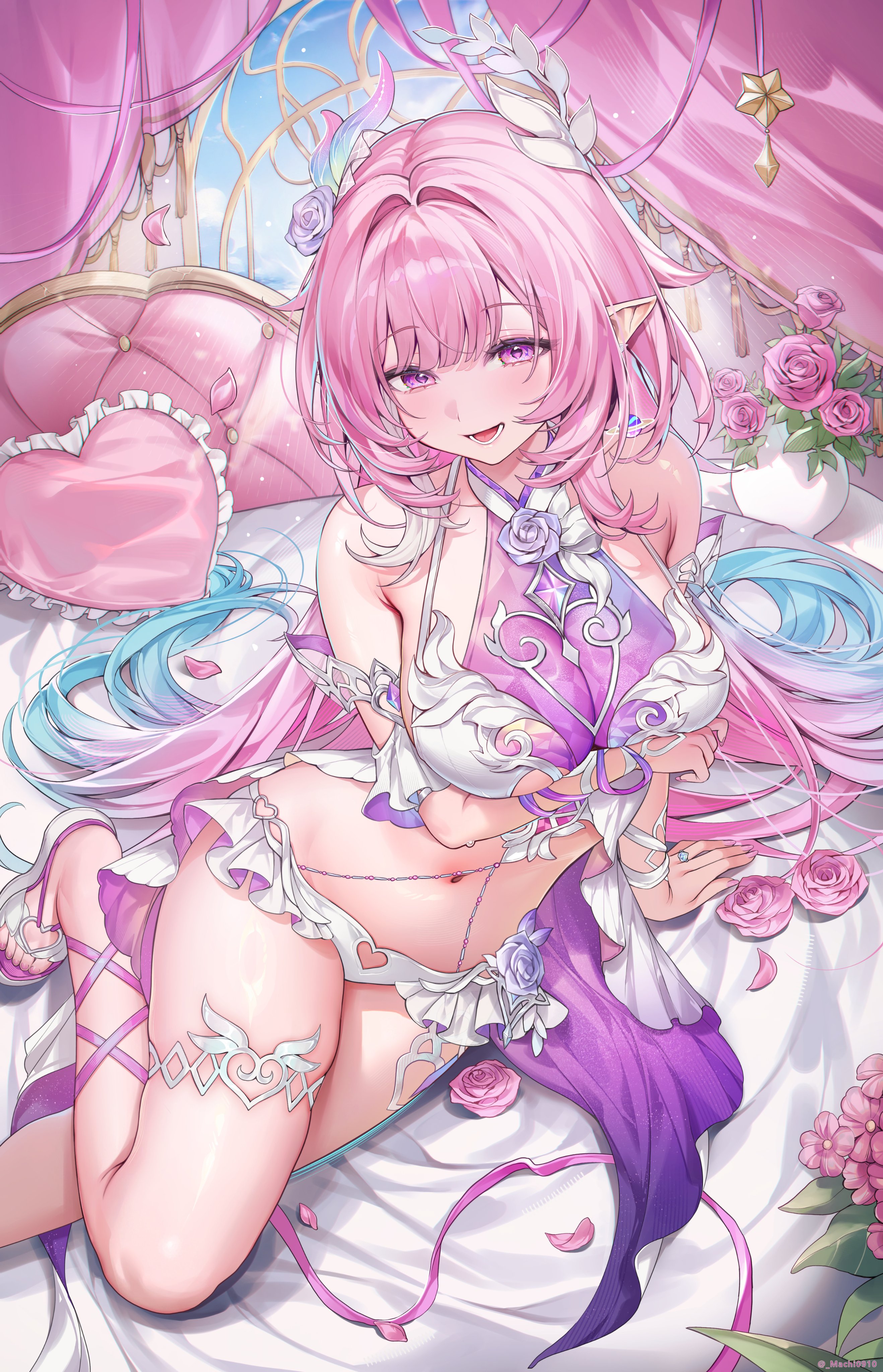 1girls, breasts, cyrene (honkai: star rail), cyrene (ripples of past reverie) (honkai: star rail), demiurge (honkai: star rail), honkai: star rail, hoyoverse, legs, lingerie, long hair, mihoyo, on bed, pink hair, purple eyes, very long hair, white lingerie