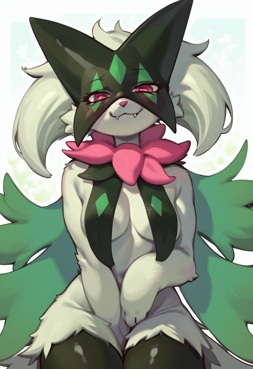 anthro, blush, breasts, claws, clothed, clothing, cute, cute face, fangs, female, fingers, furry, game freak, green body, green fur, long hair, looking at viewer, meowscarada, nintendo, pokemon, pokemon (species), pokemon sv, red eyes, smile, solo, thick thighs