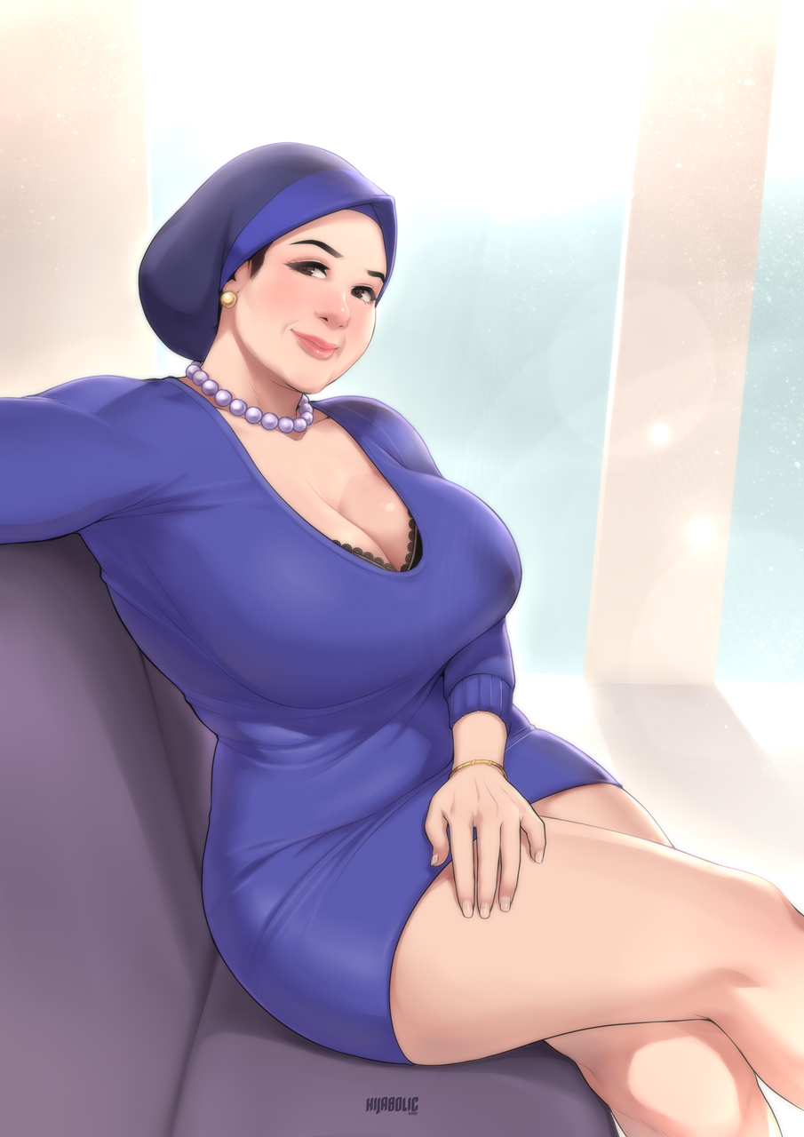 big_breasts black_bra crossed_legs hijab hijabolic looking_at_viewer milf mother thighs