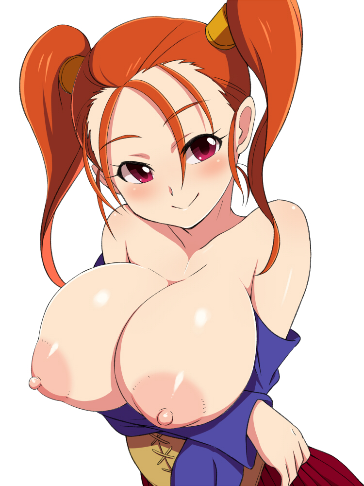 bare_shoulders blush breasts breasts_out brown_hair clothing dragon_quest dragon_quest_viii female jessica_albert konboi-eg large_breasts looking_at_viewer looking_away nipples orange_hair pink_eyes shiny shiny_skin smile solo tied_hair twintails white_background