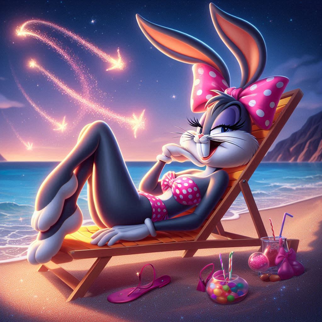 ai_generated beach beach_chair bedroom_eyes bikini bow bugs_bunny flirtatious genderswap_(mtf) looney_tunes rule_63