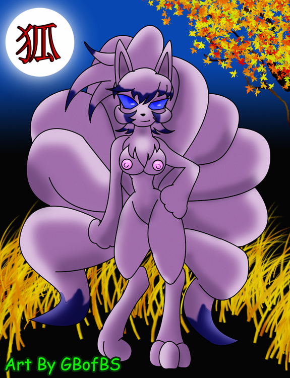 anthro breasts color female female_only fur furry furry_tail gb_of_bs multiple_tails ninetales nintendo nipples nude pokemon shiny_ninetales shiny_pokemon solo straight_hair tagme tail