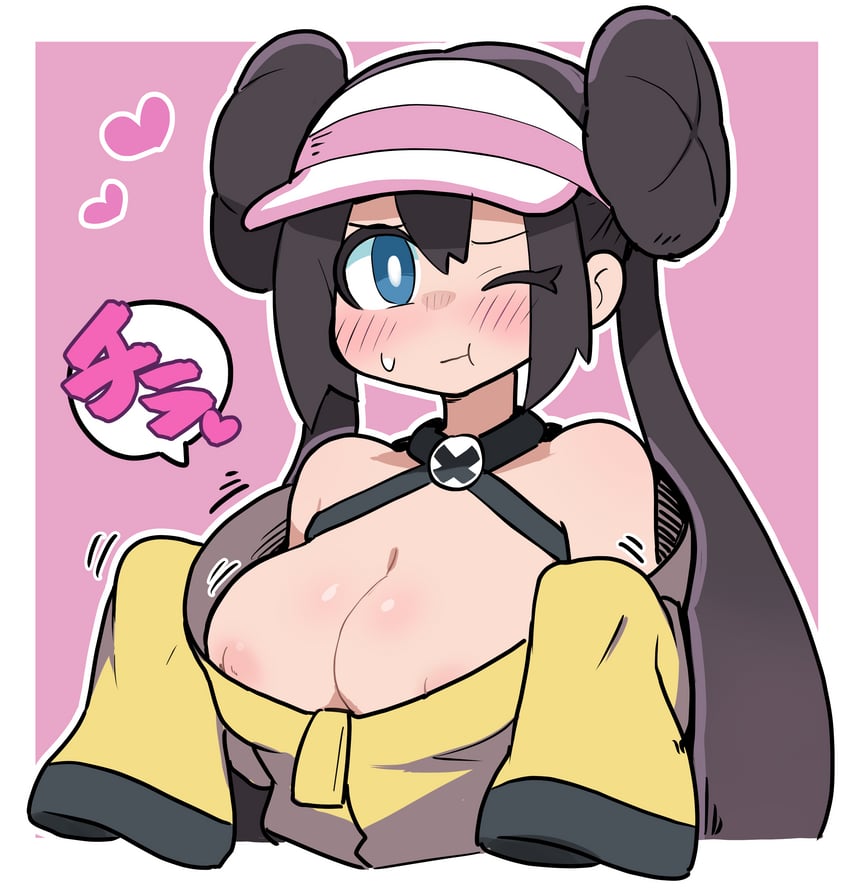 1girls big_breasts blue_eyes blush chest_harness cleavage iono_(pokemon)_(cosplay) nipple_slip nipples nipples_visible_through_clothing one_eye_closed pink_background pokemon pokemon_bw2 pokemon_sv rosa_(pokemon) white-stew yellow_jacket