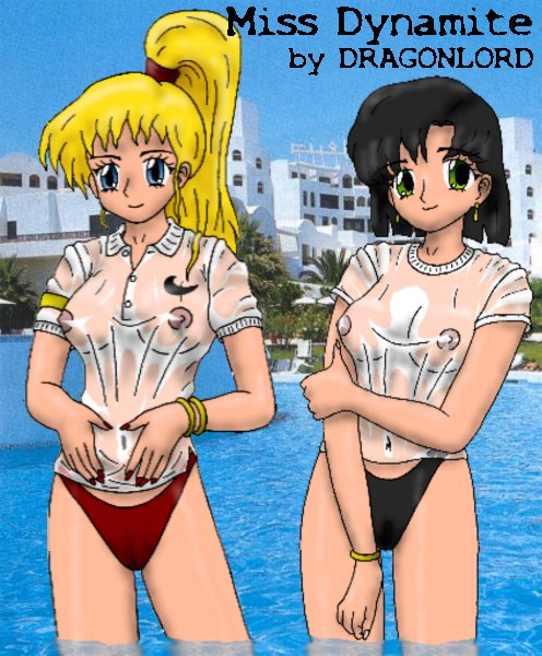 2girls big_breasts blackie_chin breasts cleavage dragonlord_(artist) duo eva_sirkowski female female_only human miss_dynamite multiple_girls navel nipples nude nudity partial_nudity photo_background see-through thong wet wet_hair wet_t-shirt