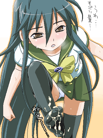 clothed_female cum cum_on_clothes feet femdom footjob footjob_with_legwear green_hair long_hair looking_down lowres panties pantyshot shakugan_no_shana shana skirt solo standing standing_footjob thighhighs translation_request underwear watarabe_keiichi white_panties