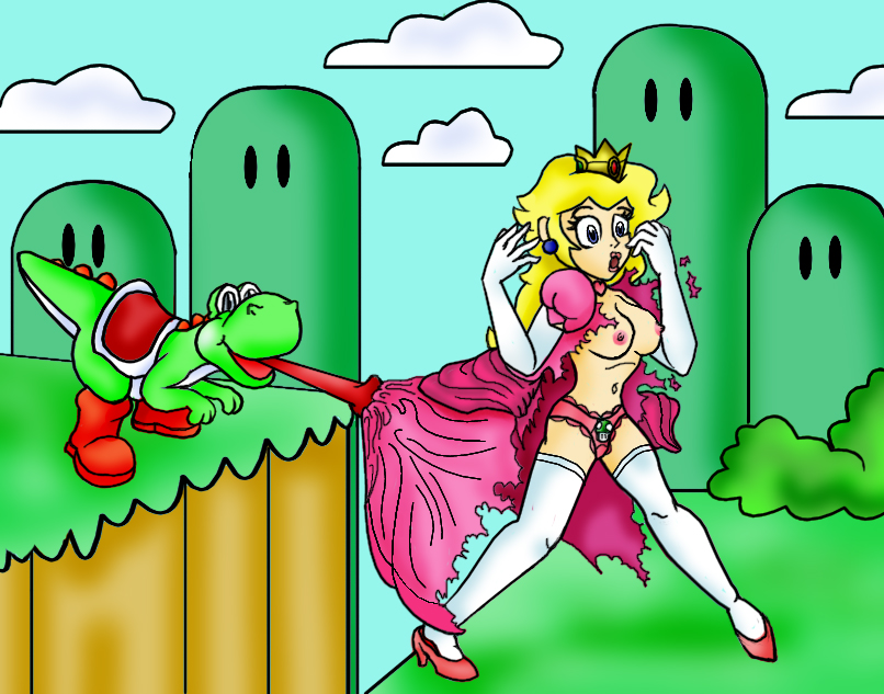 1girls areola assisted_exposure breasts clothes color crown curvy day ear_piercing erect_nipples exposed exposed_breasts exposed_nipples female hair human interspecies large_breasts long_hair mario_(series) ninjachipp nintendo nipples no_bra outdoors panties piercing princess_peach skirt standing straight_hair super_mario_bros. tagme tongue torn_clothes yellow_hair yoshi