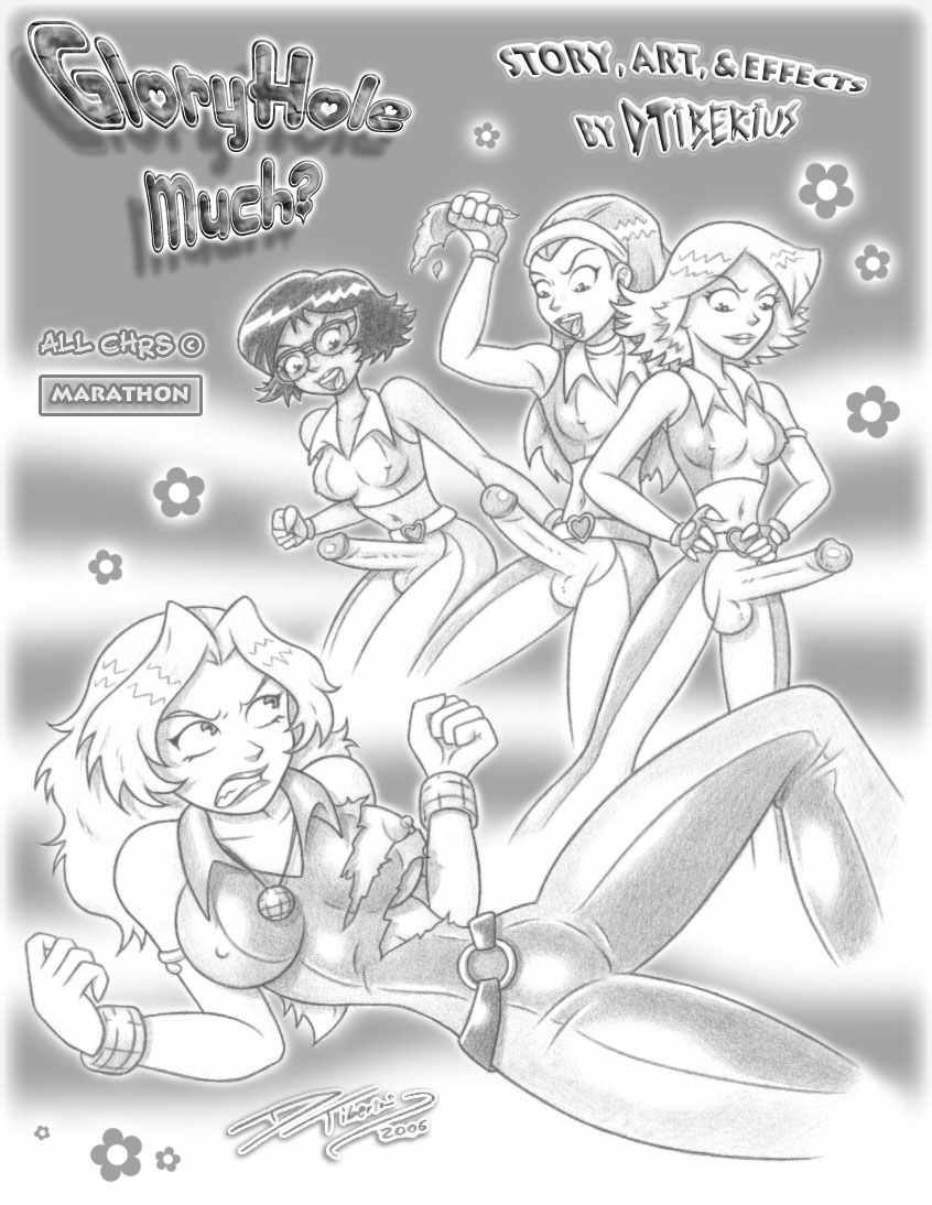 alex_(totally_spies) belt black_hair blonde_hair blue_eyes casual casual_erection casual_exposure clothing clover_(totally_spies) comic crotchless dark_skin dickgirl dtiberius exposed_penis futa_with_futa futanari gloryhole_much green_eyes hazel_eyes human intersex monochrome orange_hair pale_skin redhead sam_(totally_spies) straight_hair totally_spies trio yellow_eyes