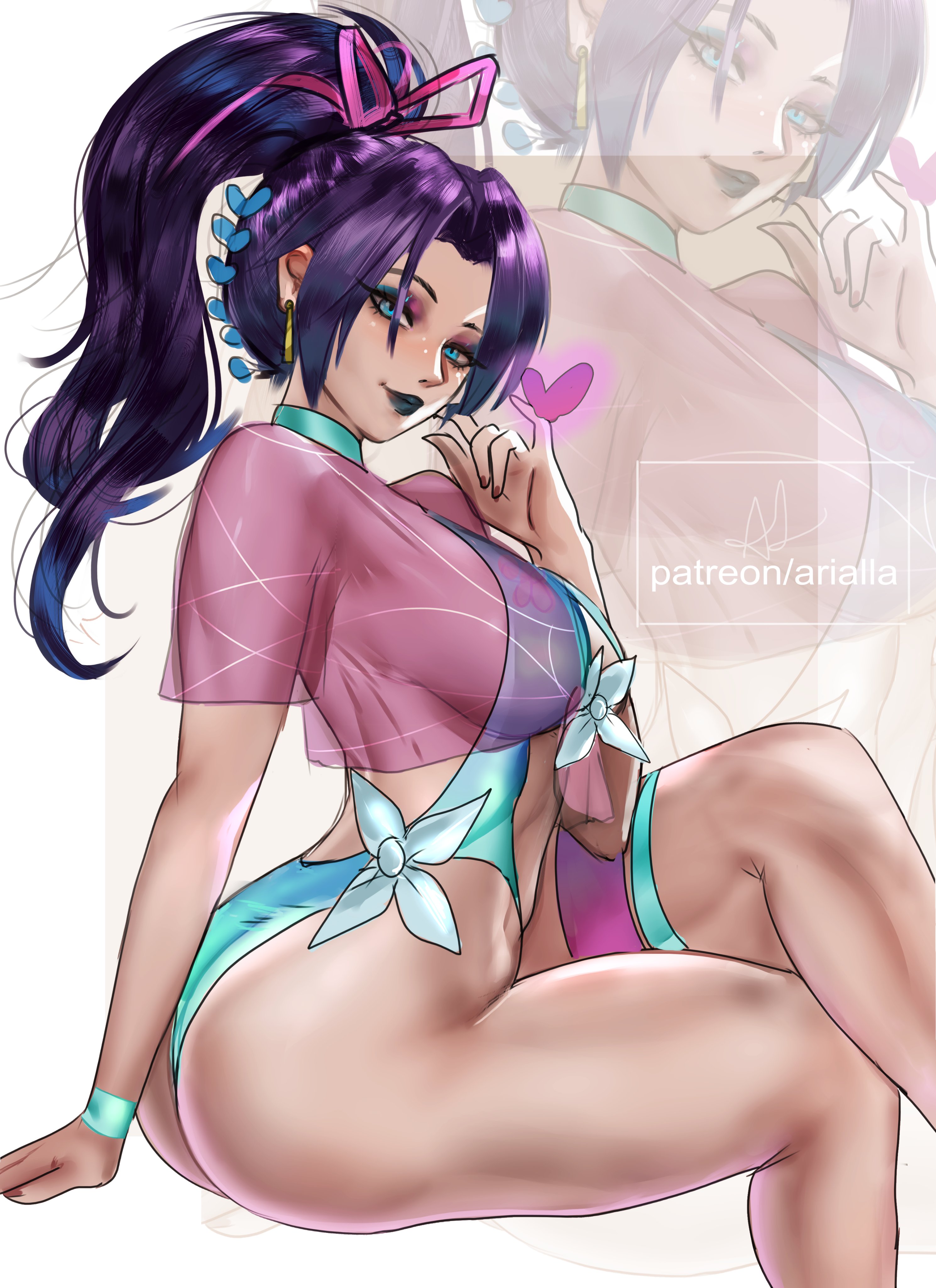 1girls, arialla draws, asian female, ass, big ass, big breasts, bikini, black lipstick, breasts, busty, curvy, female, green nails, highres, light skin, light-skinned female, makeup, marvel, marvel comics, marvel rivals, ponytail, psylocke, psylocke (sai) (breezy butterfly), purple hair, purple-haired female, solo, swimsuit, thick thighs, x-men