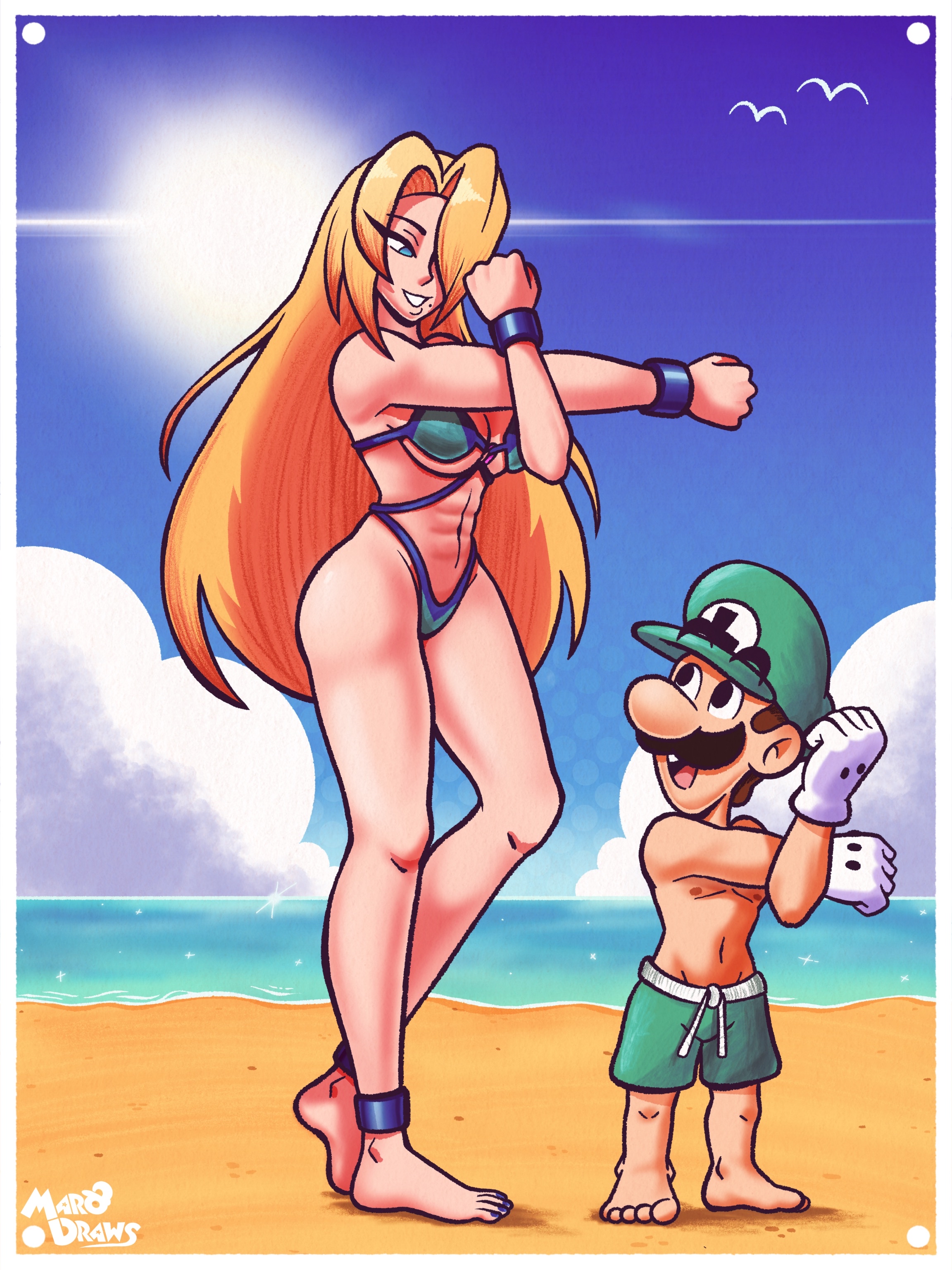 1boy, 1boy1girl, 1girls, 2d, 2d (artwork), 2d artwork, abs, beach, bikini, bikini bottom, bikini top, blonde female, blonde hair, brown hair, cartoon, cartoony, female, light-skinned female, light-skinned male, luigi, male, mario (series), marodraws, metroid, muscular, muscular female, nintendo, ocean, samus aran, sfw, stretching, summer, super mario bros., super smash bros., swimming trunks, tropical, wholesome