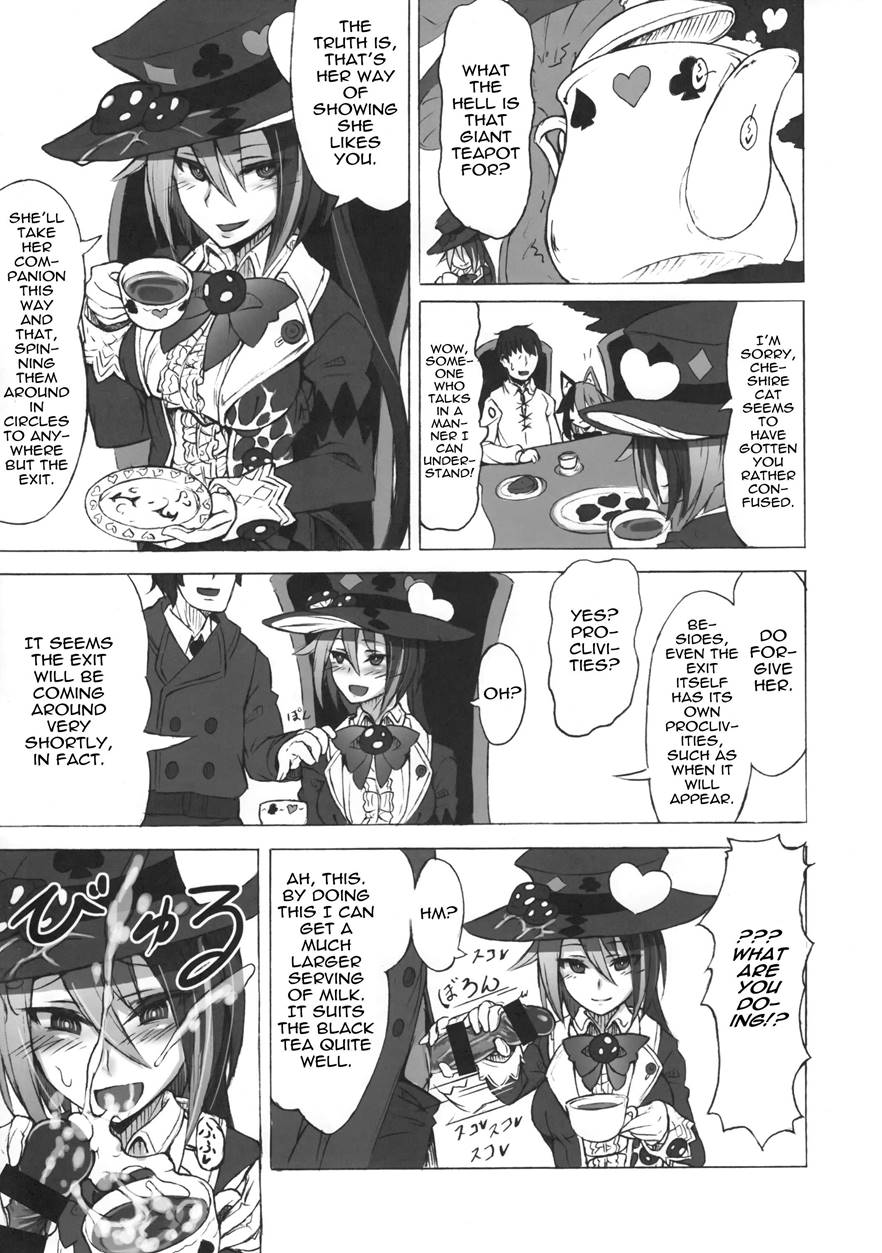 1boy, 1girls, ahe gao, cat ears, cat girl, censored, cheshire cat, cheshire cat (monster girl encyclopedia), cheshire cat's welcome to wonderland, comic, doujin, english text, female, handjob, kenkou cross, mad hatter (monster girl encyclopedia), male, mind break, monster girl encyclopedia, straight, tagme, text