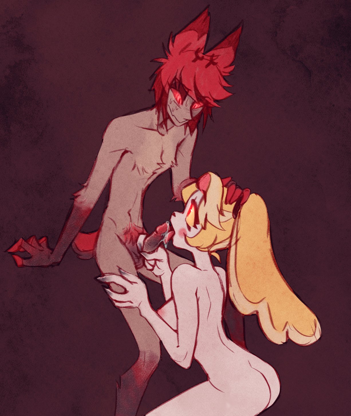 alastor (hazbin hotel), blonde hair, charlastor, charlie morningstar (hazbin hotel), deer humanoid, deerlydepart, female, fully naked, fully nude, hazbin hotel, headpat, headpat during blowjob, male, naked, penis, precum, sucking penis, tongue out, uncensored