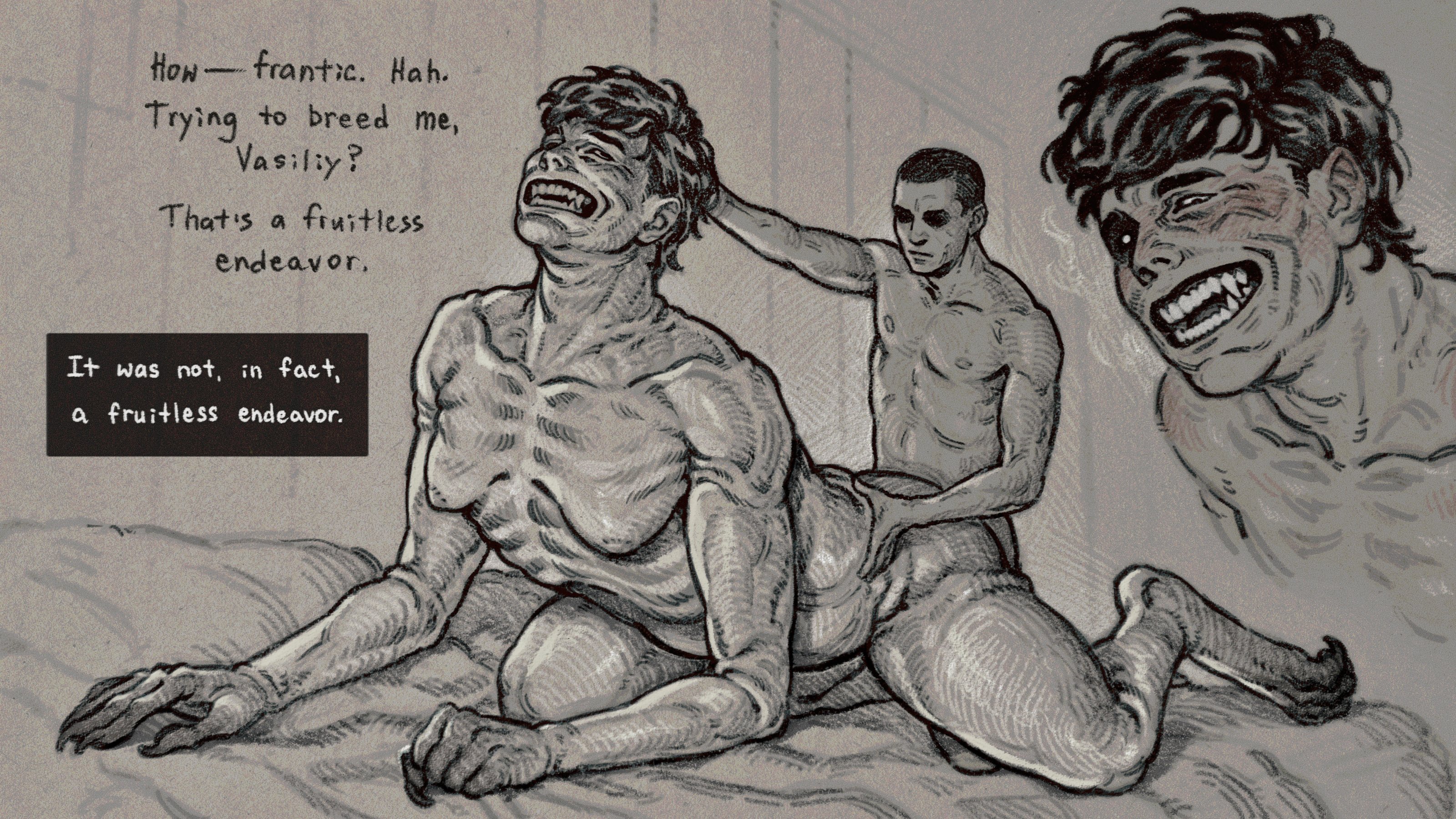 2boys, anal, anal sex, breeding kink, demon, english text, fangs, from behind, gay, humanoid, implied anal, male, male only, male with breasts, mini giant, monochrome, no, i'm not a human, pale visitor, protagonist (no, i'm not a human), sharp claws, sharp fingernails, size difference, small dom big sub, small top big bottom, smaller penetrating, smaller penetrating bigger, yaoi
