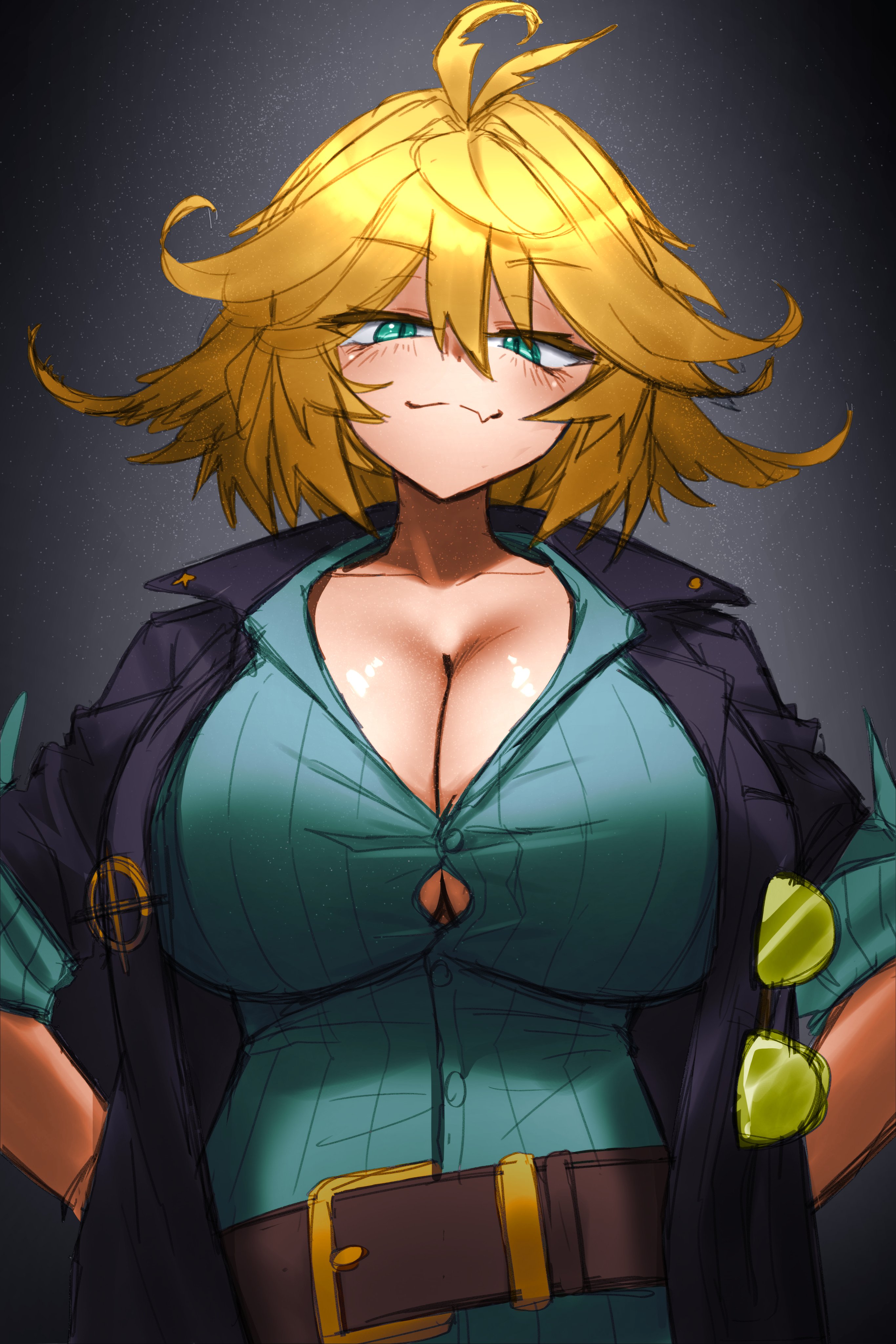 1girls, blush, breasts, cleavage, colored, dokibird, dokibird (bounty hunter), female, huge breasts, kaynimatic, large breasts, smug, solo, virtual youtuber