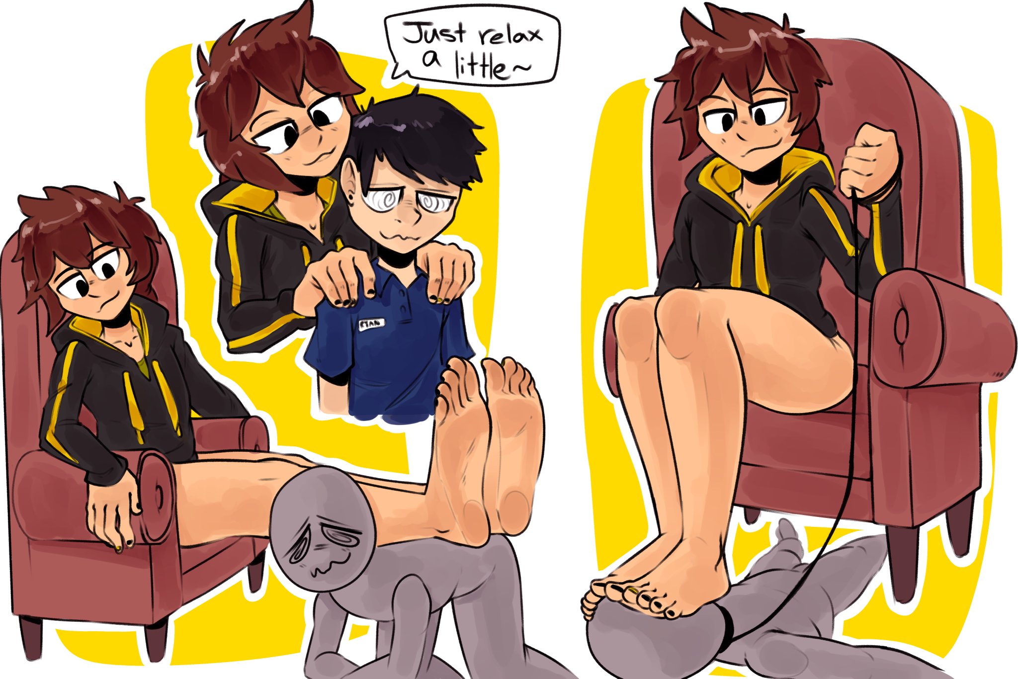 3boys, alphamine (goldenlewds), anonymous male, black hair, black nails, black toenails, bottomless, brown hair, chair, collar, english text, feet, feet on face, feet up, femboy, femboydom, foot fetish, foot focus, footrest, footstool, gay, grey body, hoodie, hoodie only, human footstool, hypnosis, leash, leash and collar, male, male only, maledom, malesub, massage, mind control, nail polish, oc, painted nails, painted toenails, partially clothed, ryan (tinsay), shoulder massage, sitting, slave, smug, soles, speech bubble, spiral eyes, stepping on face, text, tinsay (artist), two colored toenails, yaoi