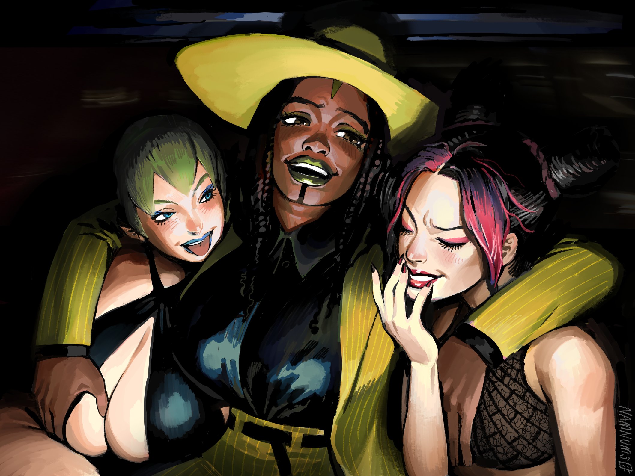 3girls, arm behind back, arms behind back, arms behind head, breast grab, breasts, chocolate and vanilla, comission, dark skin, dark-skinned female, ermes costello, female, female only, female/female, foo fighters, green hair, hat, jojo's bizarre adventure, jolyne kujo, laugh, laughing, light skin, light-skinned female, namnums, stagbeetle, stone ocean, tagme, yuri