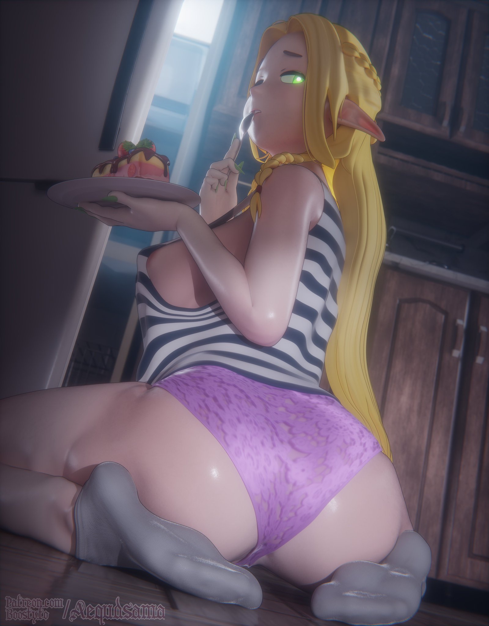 aequd, blender, blonde hair, breasts, dungeon meshi, eating, elf ears, elf girl, fat ass, female, fridge, green eyes, green nails, looking back, marcille donato, no bra, panties, sideboob, socks