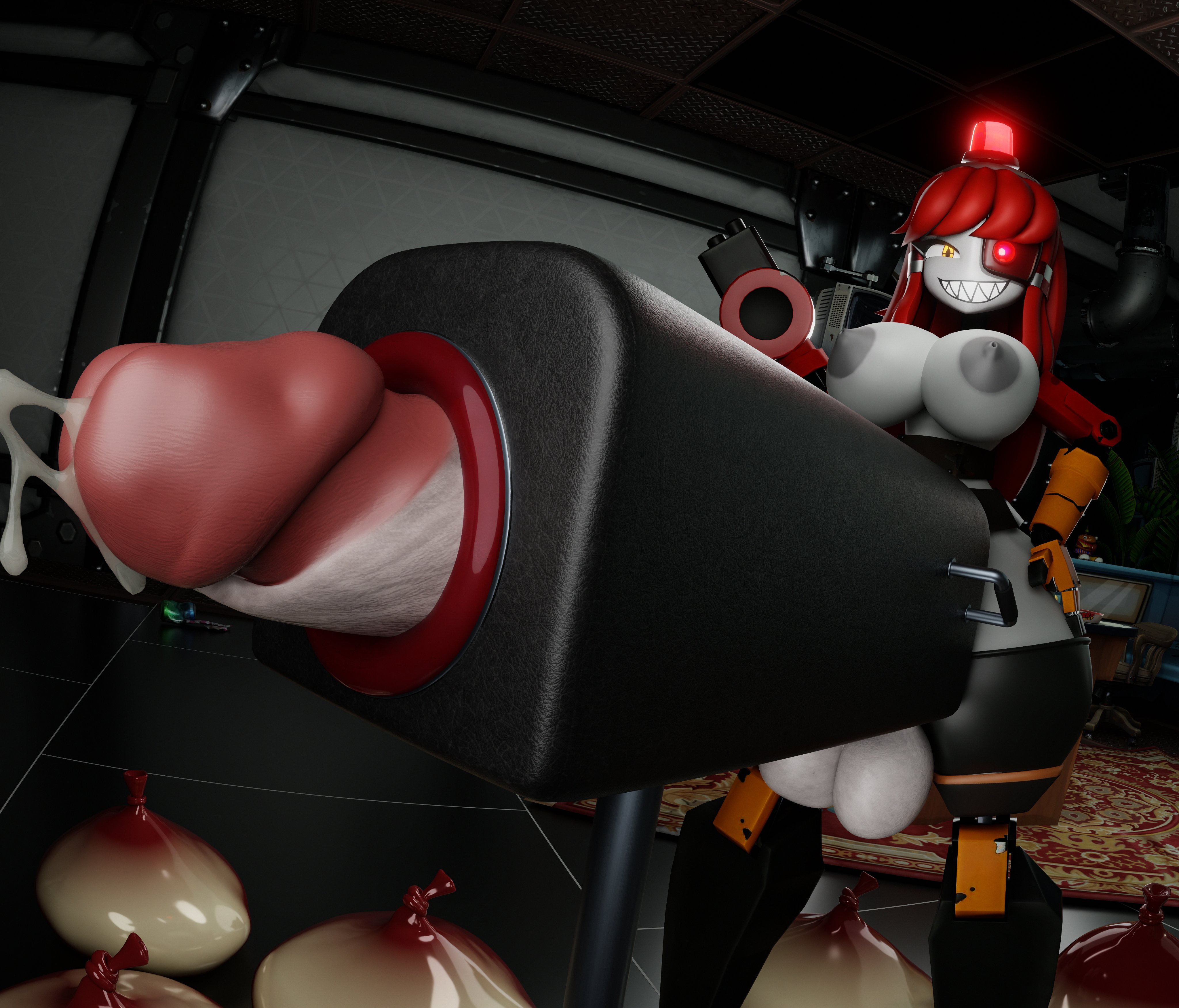 1futa, 3d, blender, breeding mount, condom balloon, female, futa only, futanari, huge cock, hyper, hyper penis, intersex, looking at viewer, mimi sentry, penis, red hair, robot, robot girl, sentry (team fortress 2), smiling at viewer, solo, tagme, team fortress 2, thick thighs, trippah reloaded, valve, yellow eyes