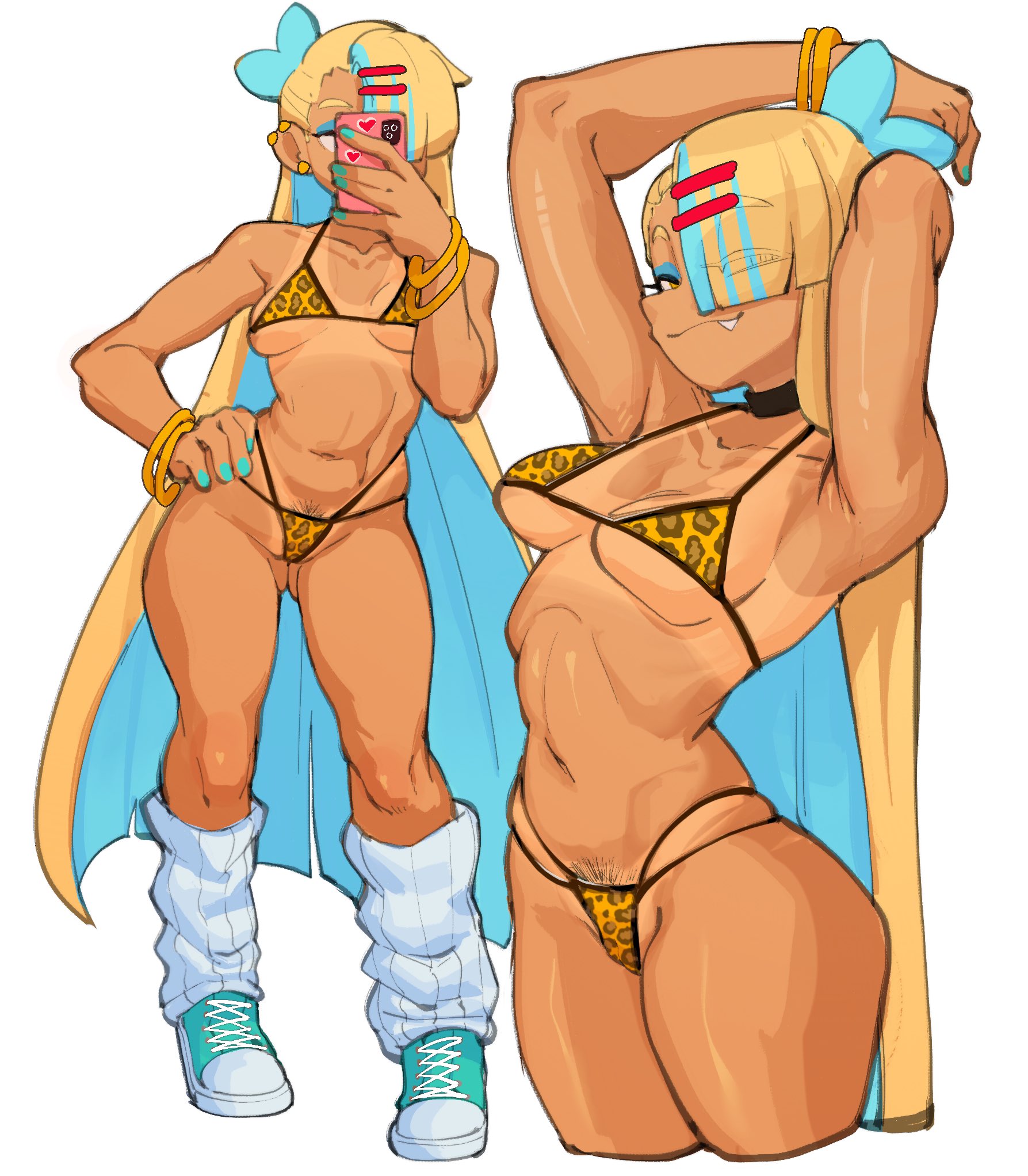 animal print, bikini, blonde hair, dark skin, dark-skinned female, female, gyaru, nudiedoodles, original, ripley (nudiedoodles), tagme, two-tone hair